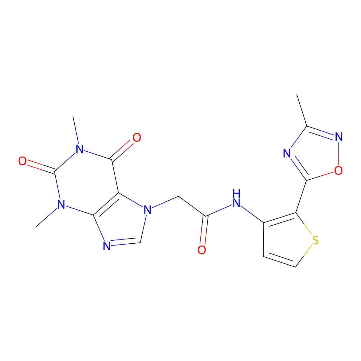 2-(1,3-Dimethyl-2,6-dioxopurin-7-yl)-N-[2-(3-methyl-1,2,4-oxadiazol-5-yl)thiophen-3-yl]acetamide molecular structure, CAS 1797857-59-0