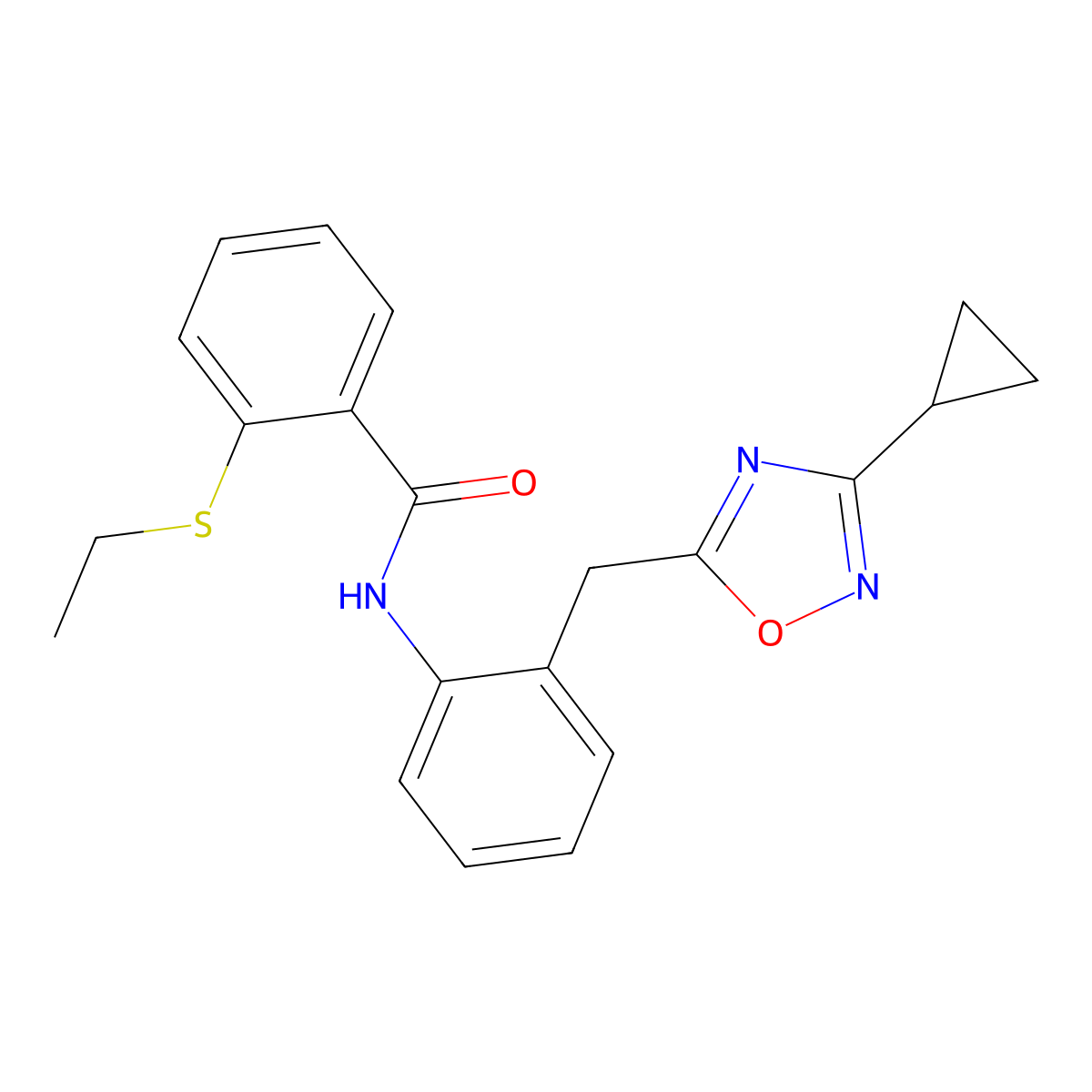 N-(2-((3-cyclopropyl-1,2,4-oxadiazol-5-yl)methyl)phenyl)-2-(ethylthio)benzamide molecular structure, CAS 1797858-14-0
