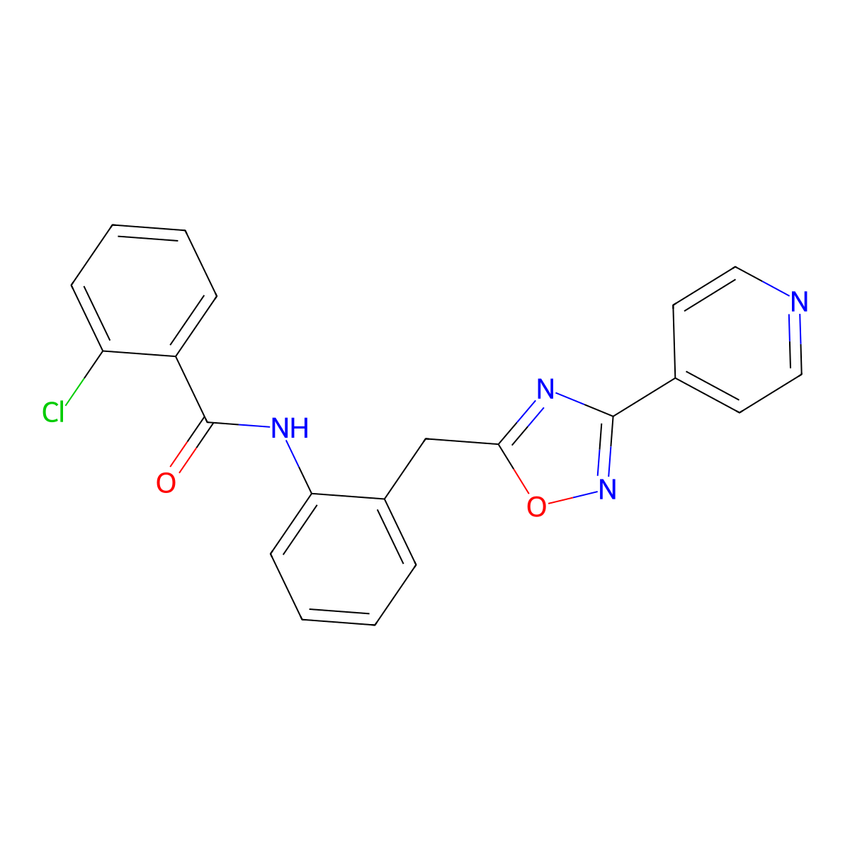 2-chloro-N-(2-((3-(pyridin-4-yl)-1,2,4-oxadiazol-5-yl)methyl)phenyl)benzamide molecular structure, CAS 1797858-44-6