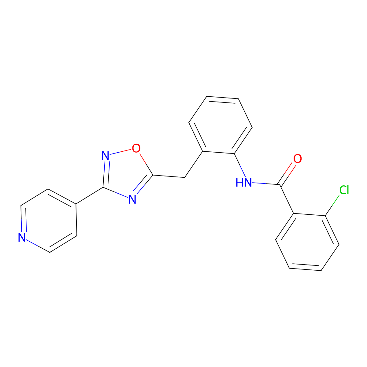 2-chloro-N-(2-((3-(pyridin-4-yl)-1,2,4-oxadiazol-5-yl)methyl)phenyl)benzamide molecular structure, CAS 1797858-44-6