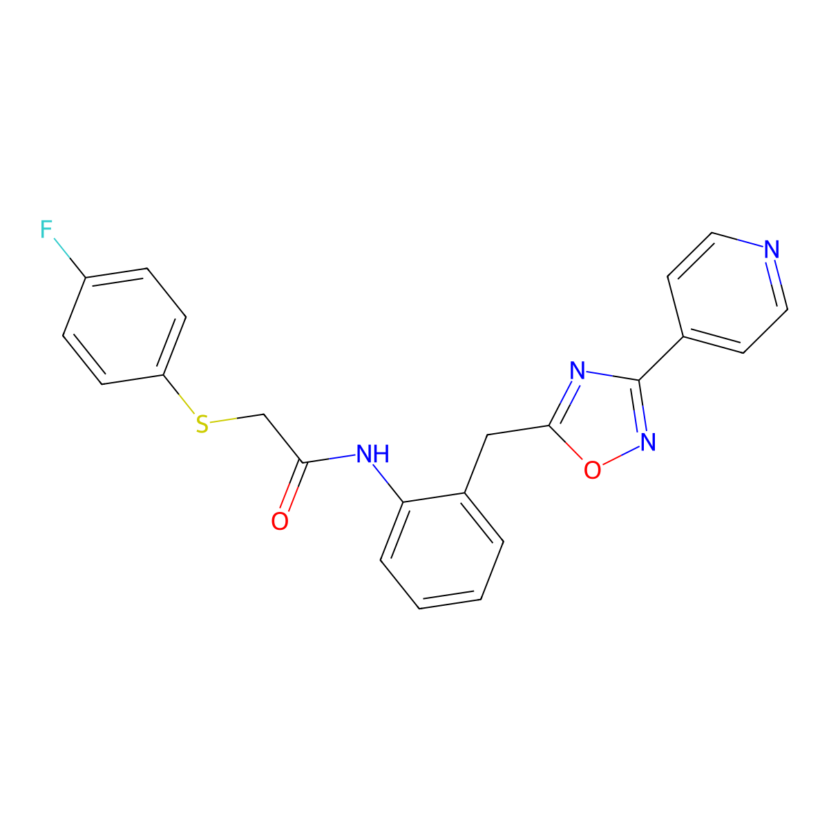 2-((4-fluorophenyl)thio)-N-(2-((3-(pyridin-4-yl)-1,2,4-oxadiazol-5-yl)methyl)phenyl)acetamide molecular structure, CAS 1797858-52-6