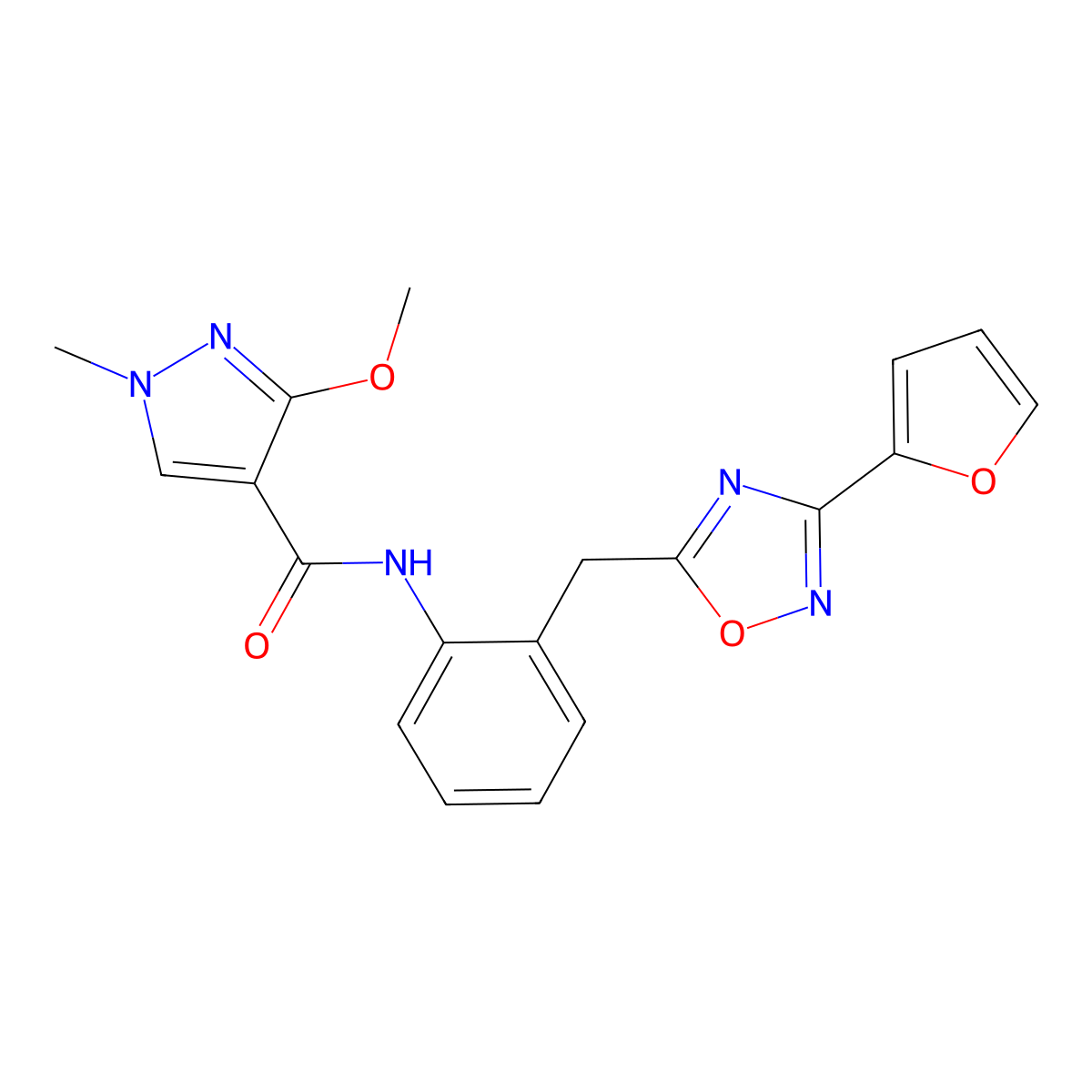 N-(2-((3-(furan-2-yl)-1,2,4-oxadiazol-5-yl)methyl)phenyl)-3-methoxy-1-methyl-1H-pyrazole-4-carboxamide molecular structure, CAS 1797858-95-7