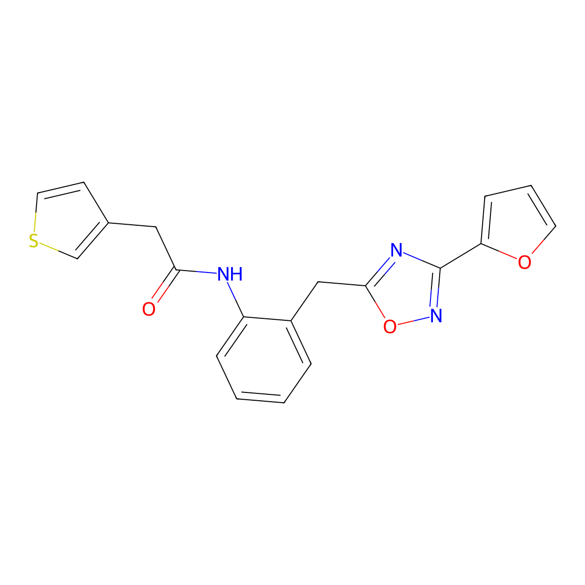 N-(2-((3-(furan-2-yl)-1,2,4-oxadiazol-5-yl)methyl)phenyl)-2-(thiophen-3-yl)acetamide molecular structure, CAS 1797859-11-0