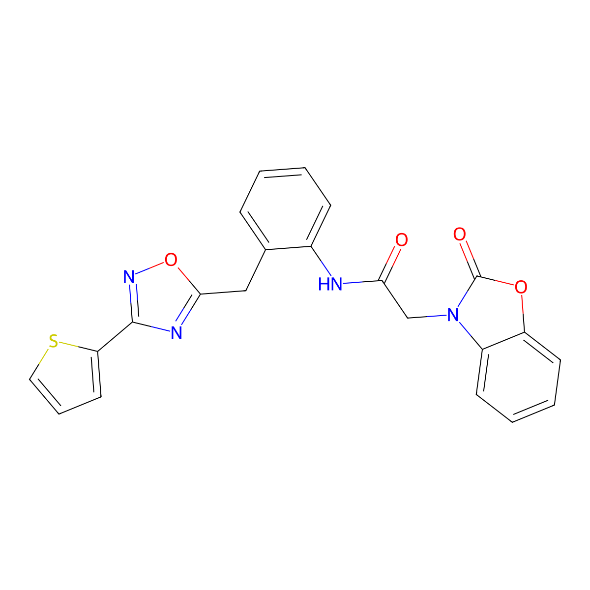 2-(2-oxobenzo[d]oxazol-3(2H)-yl)-N-(2-((3-(thiophen-2-yl)-1,2,4-oxadiazol-5-yl)methyl)phenyl)acetamide molecular structure, CAS 1797859-20-1