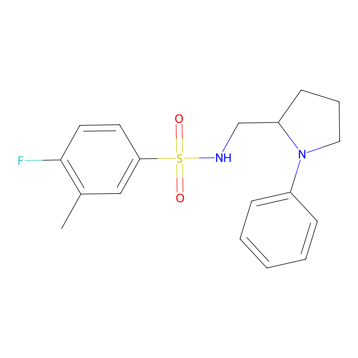 4-fluoro-3-methyl-N-((1-phenylpyrrolidin-2-yl)methyl)benzenesulfonamide molecular structure, CAS 1797860-00-4