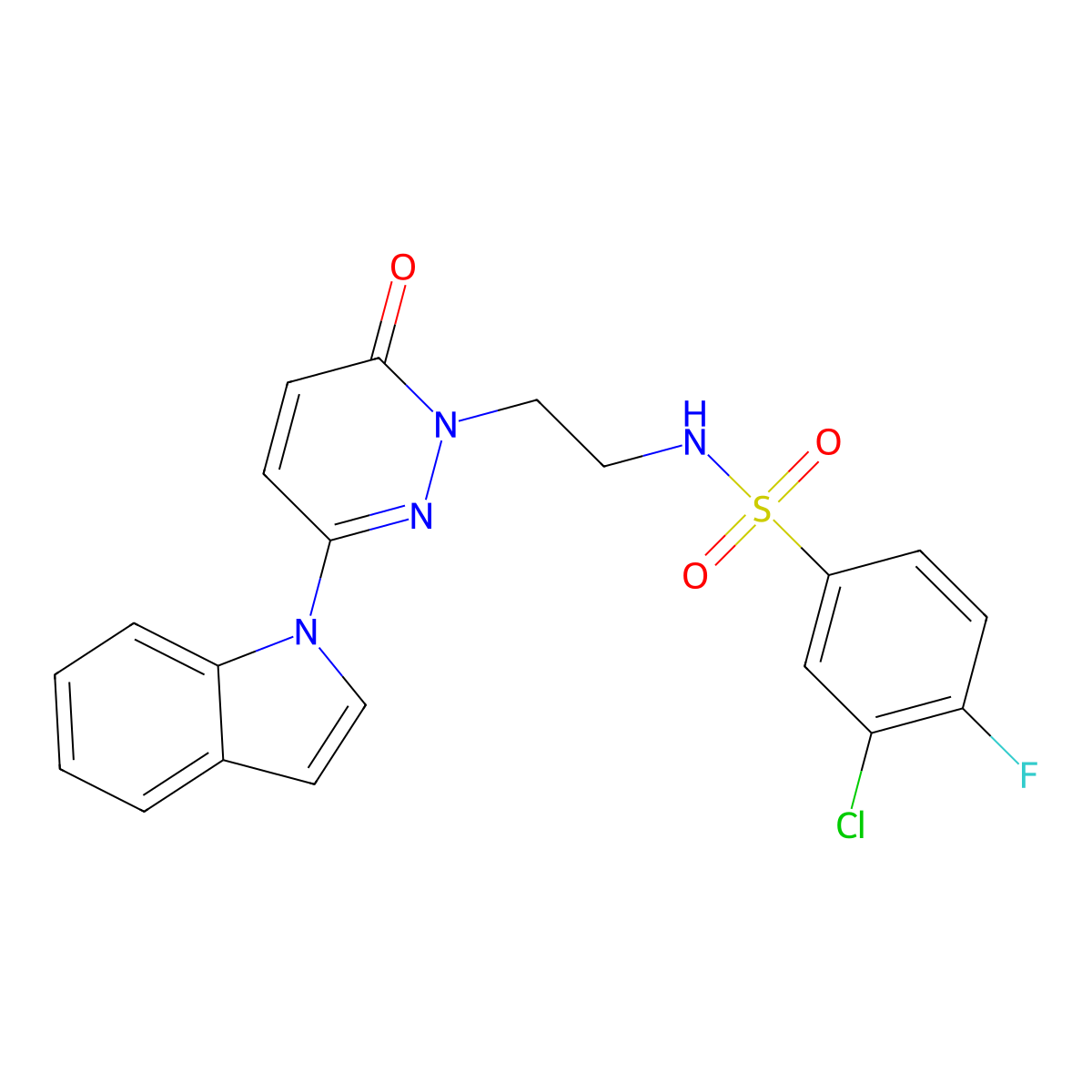 N-(2-(3-(1H-indol-1-yl)-6-oxopyridazin-1(6H)-yl)ethyl)-3-chloro-4-fluorobenzenesulfonamide molecular structure, CAS 1797860-10-6