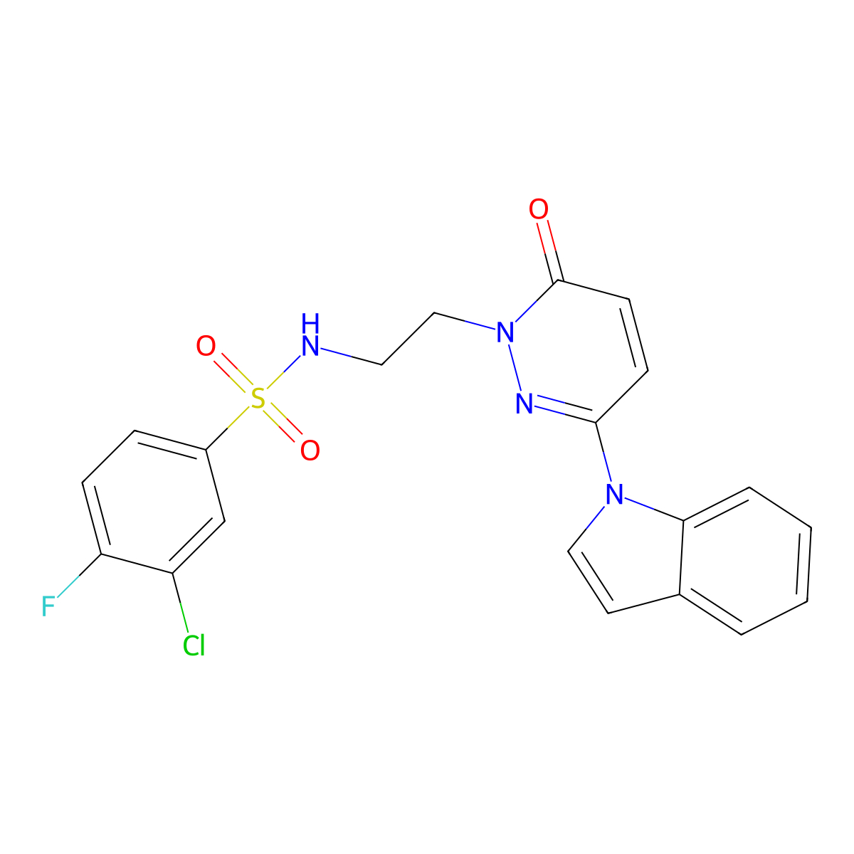 N-(2-(3-(1H-indol-1-yl)-6-oxopyridazin-1(6H)-yl)ethyl)-3-chloro-4-fluorobenzenesulfonamide molecular structure, CAS 1797860-10-6