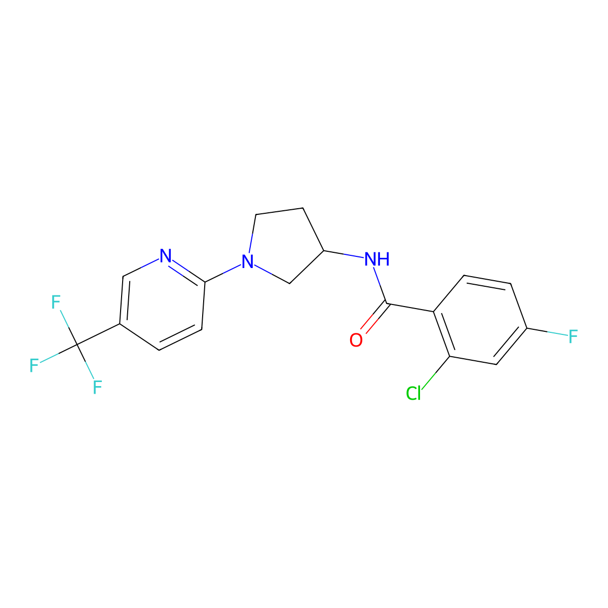 2-chloro-4-fluoro-N-{1-[5-(trifluoromethyl)pyridin-2-yl]pyrrolidin-3-yl}benzamide molecular structure, CAS 1797860-17-3