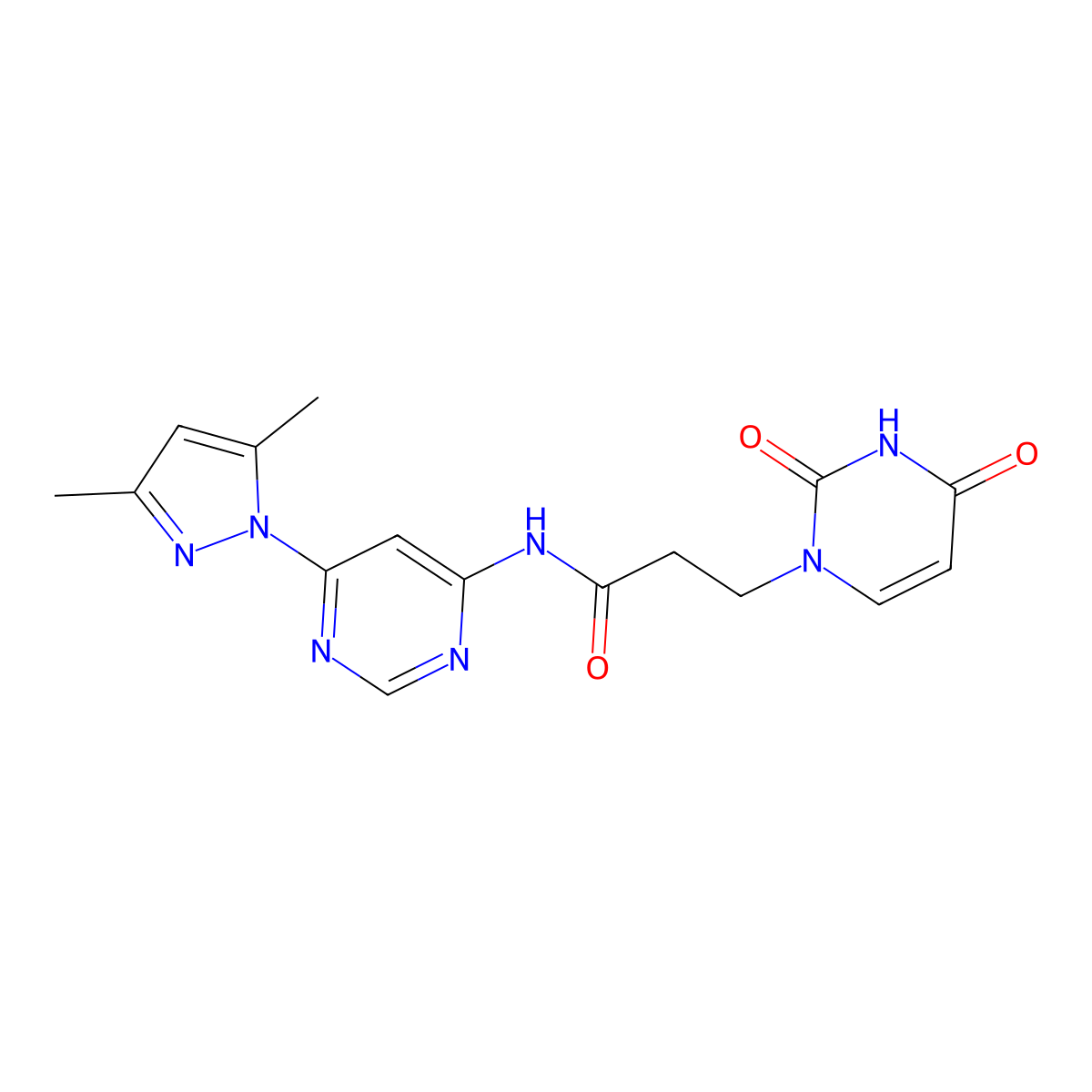 N-(6-(3,5-dimethyl-1H-pyrazol-1-yl)pyrimidin-4-yl)-3-(2,4-dioxo-3,4-dihydropyrimidin-1(2H)-yl)propanamide molecular structure, CAS 1797860-20-8