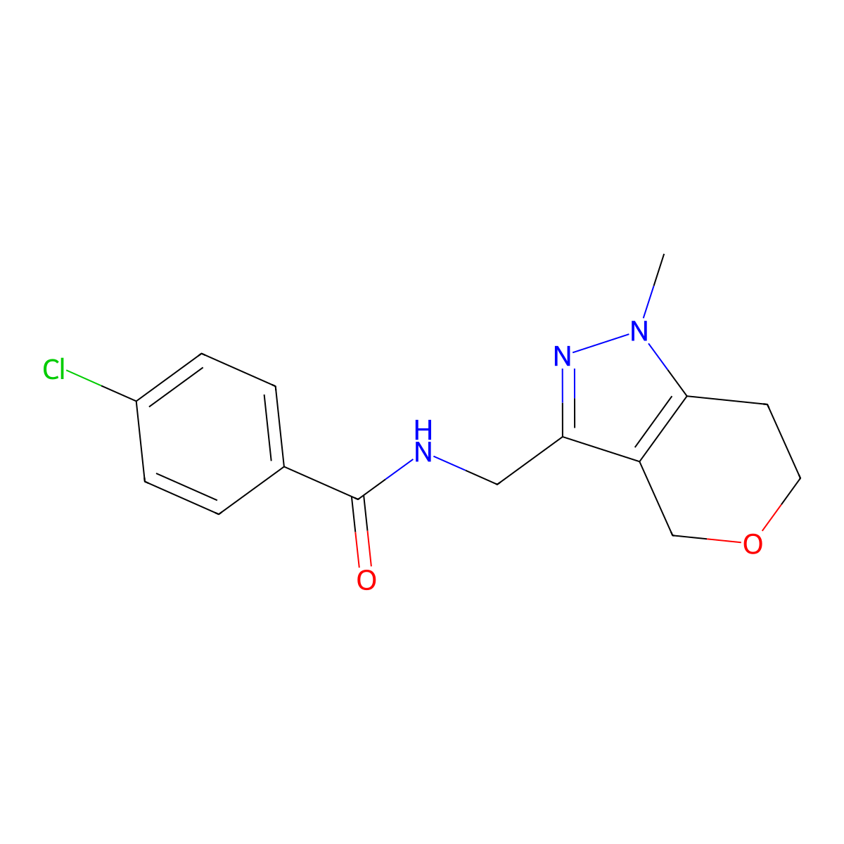 4-chloro-N-((1-methyl-1,4,6,7-tetrahydropyrano[4,3-c]pyrazol-3-yl)methyl)benzamide molecular structure, CAS 1797860-74-2