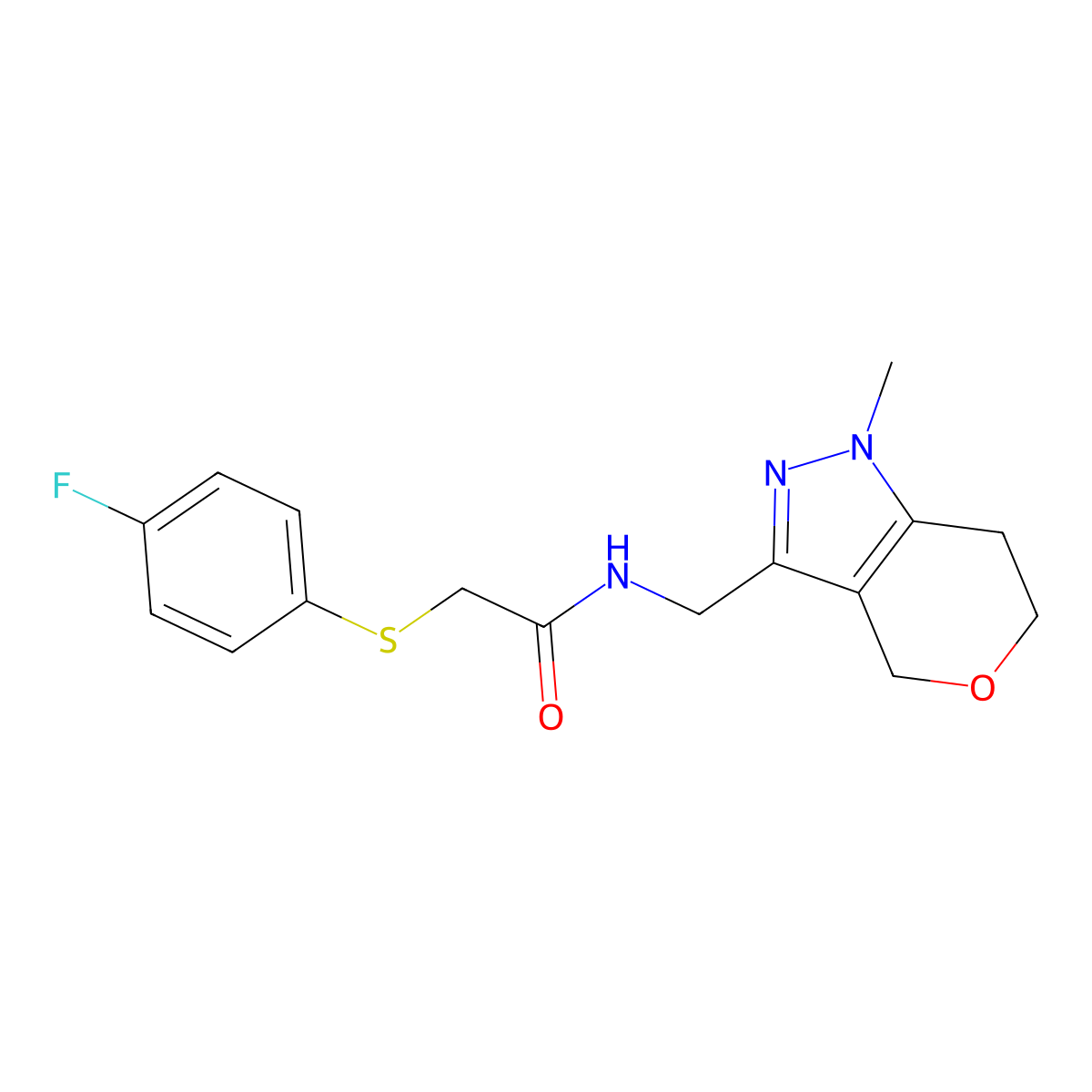 2-((4-fluorophenyl)thio)-N-((1-methyl-1,4,6,7-tetrahydropyrano[4,3-c]pyrazol-3-yl)methyl)acetamide molecular structure, CAS 1797860-89-9