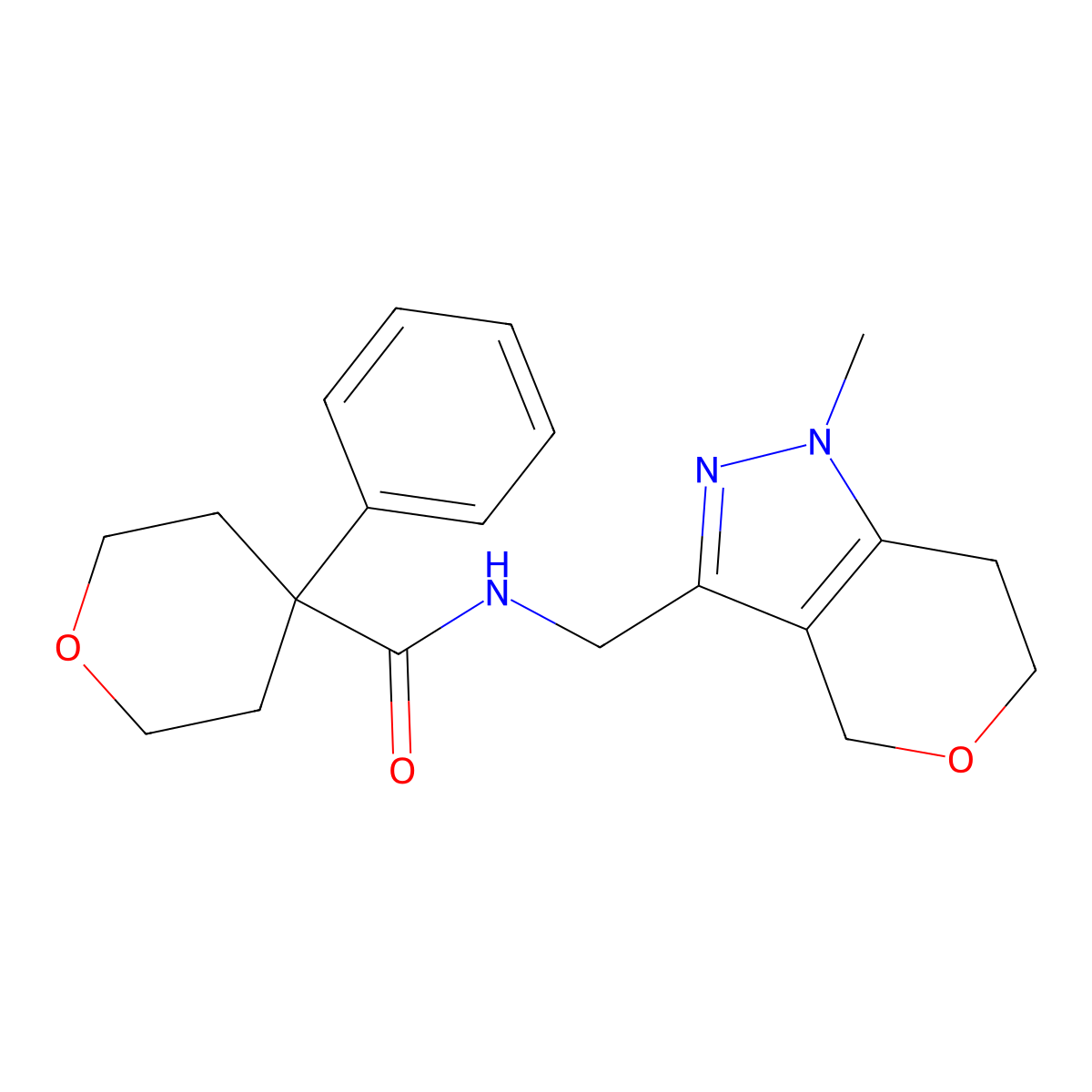 N-((1-methyl-1,4,6,7-tetrahydropyrano[4,3-c]pyrazol-3-yl)methyl)-4-phenyltetrahydro-2H-pyran-4-carboxamide molecular structure, CAS 1797861-04-1