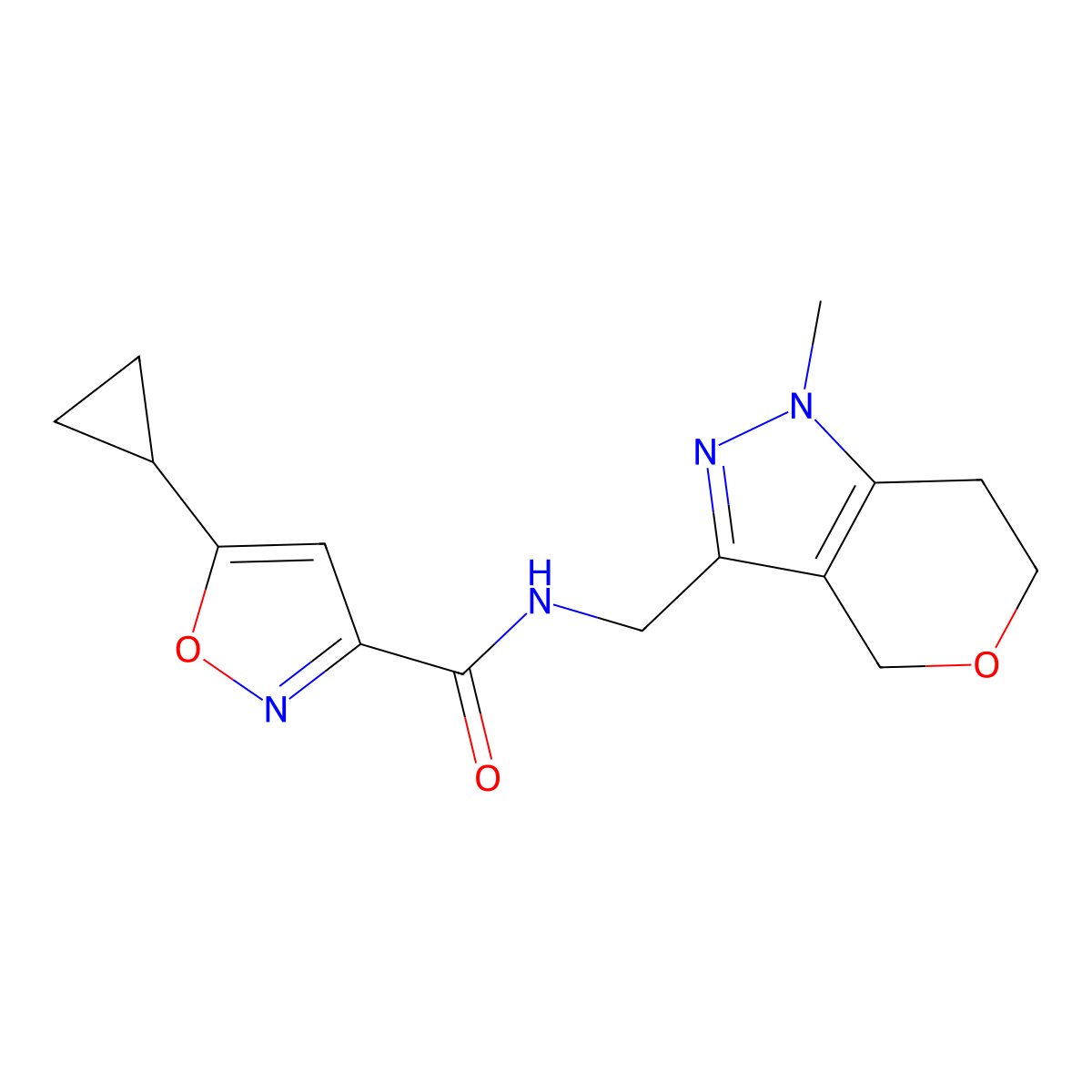 5-cyclopropyl-N-((1-methyl-1,4,6,7-tetrahydropyrano[4,3-c]pyrazol-3-yl)methyl)isoxazole-3-carboxamide molecular structure, CAS 1797861-12-1