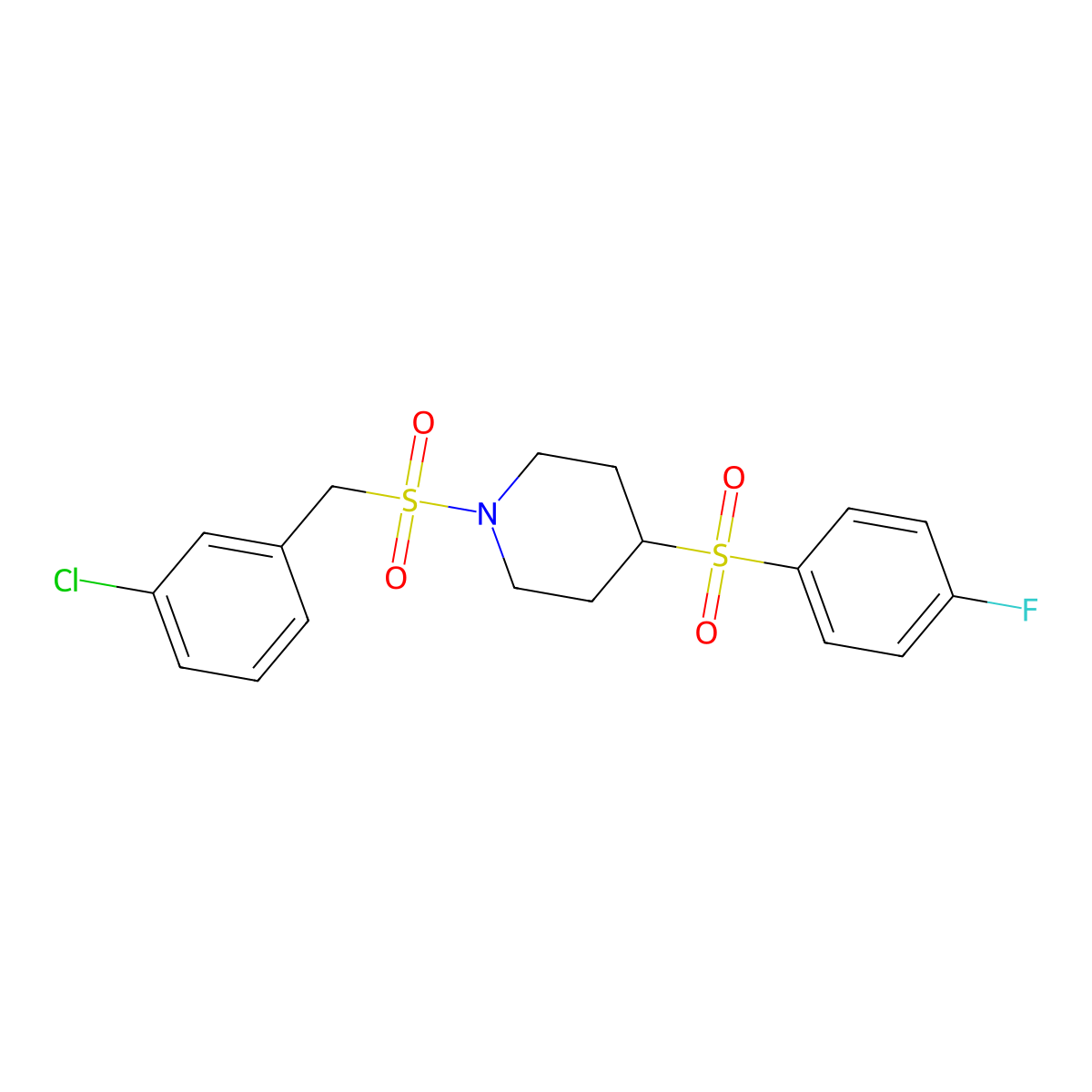 1-((3-Chlorobenzyl)sulfonyl)-4-((4-fluorophenyl)sulfonyl)piperidine molecular structure, CAS 1797861-40-5