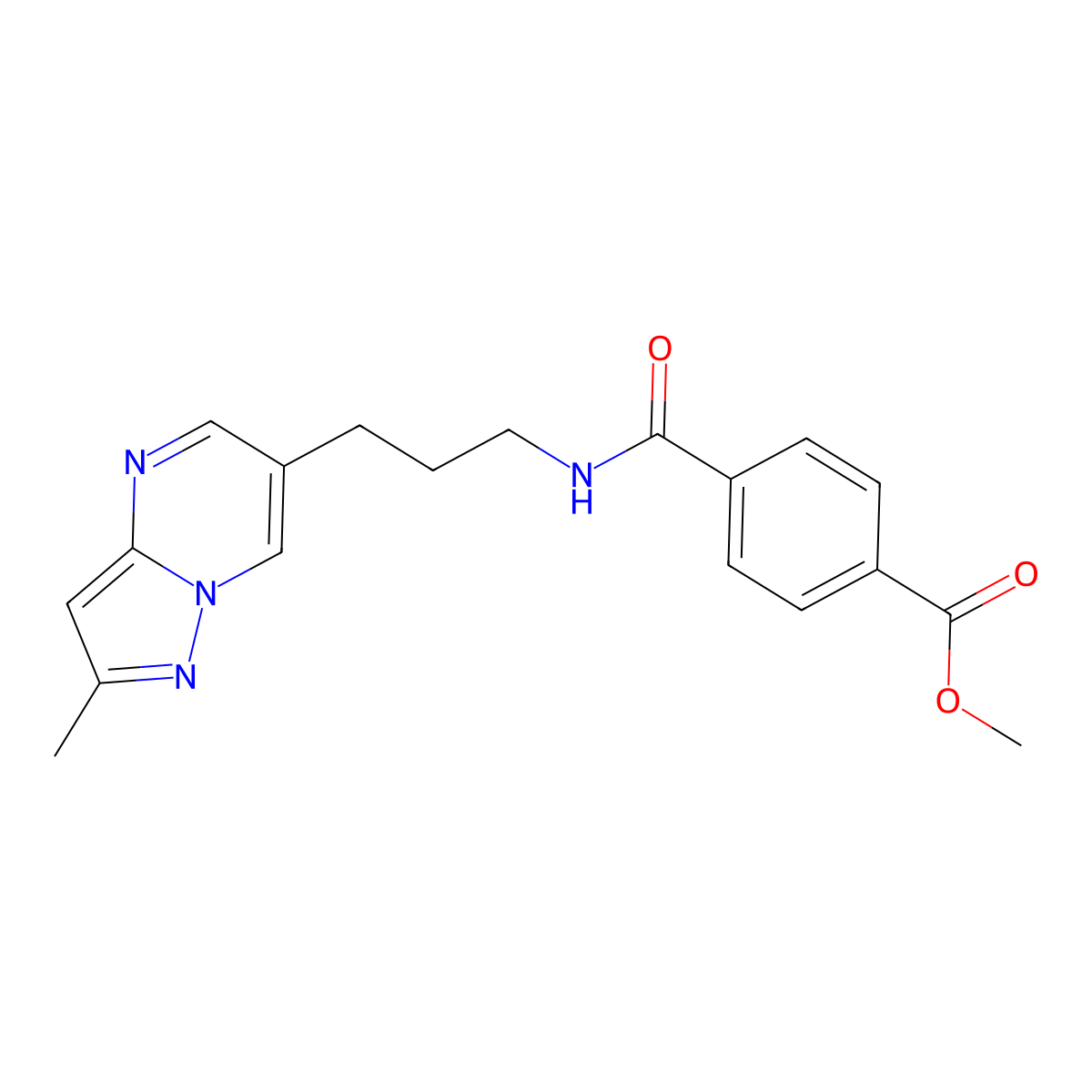 Methyl 4-((3-(2-methylpyrazolo[1,5-a]pyrimidin-6-yl)propyl)carbamoyl)benzoate molecular structure, CAS 1797862-35-1