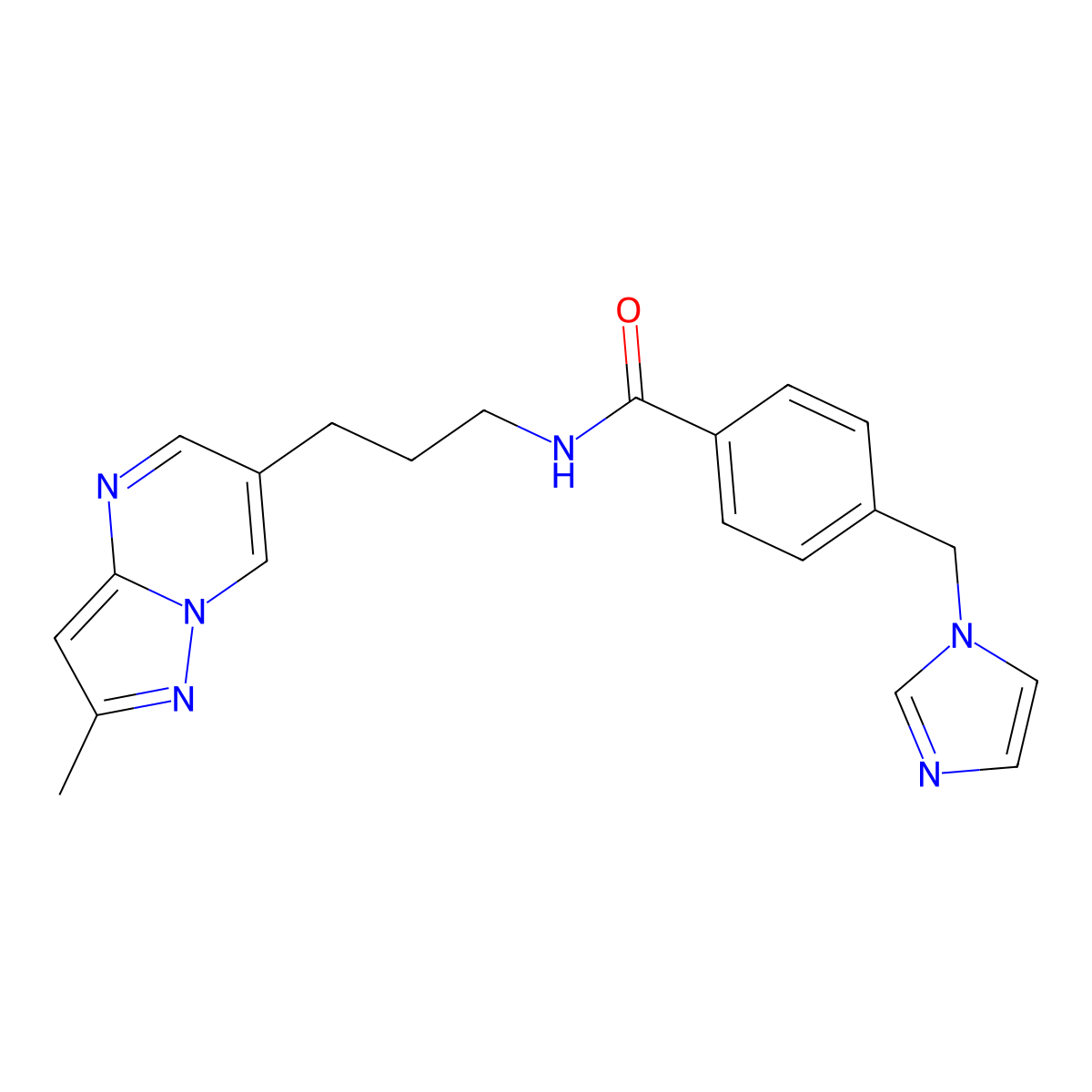 4-((1H-imidazol-1-yl)methyl)-N-(3-(2-methylpyrazolo[1,5-a]pyrimidin-6-yl)propyl)benzamide molecular structure, CAS 1797862-62-4