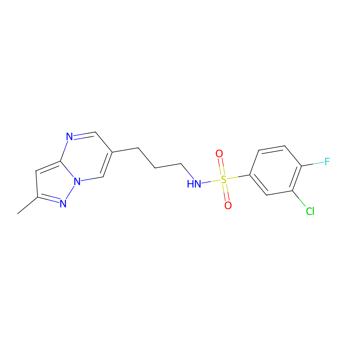 3-chloro-4-fluoro-N-(3-(2-methylpyrazolo[1,5-a]pyrimidin-6-yl)propyl)benzenesulfonamide molecular structure, CAS 1797862-73-7