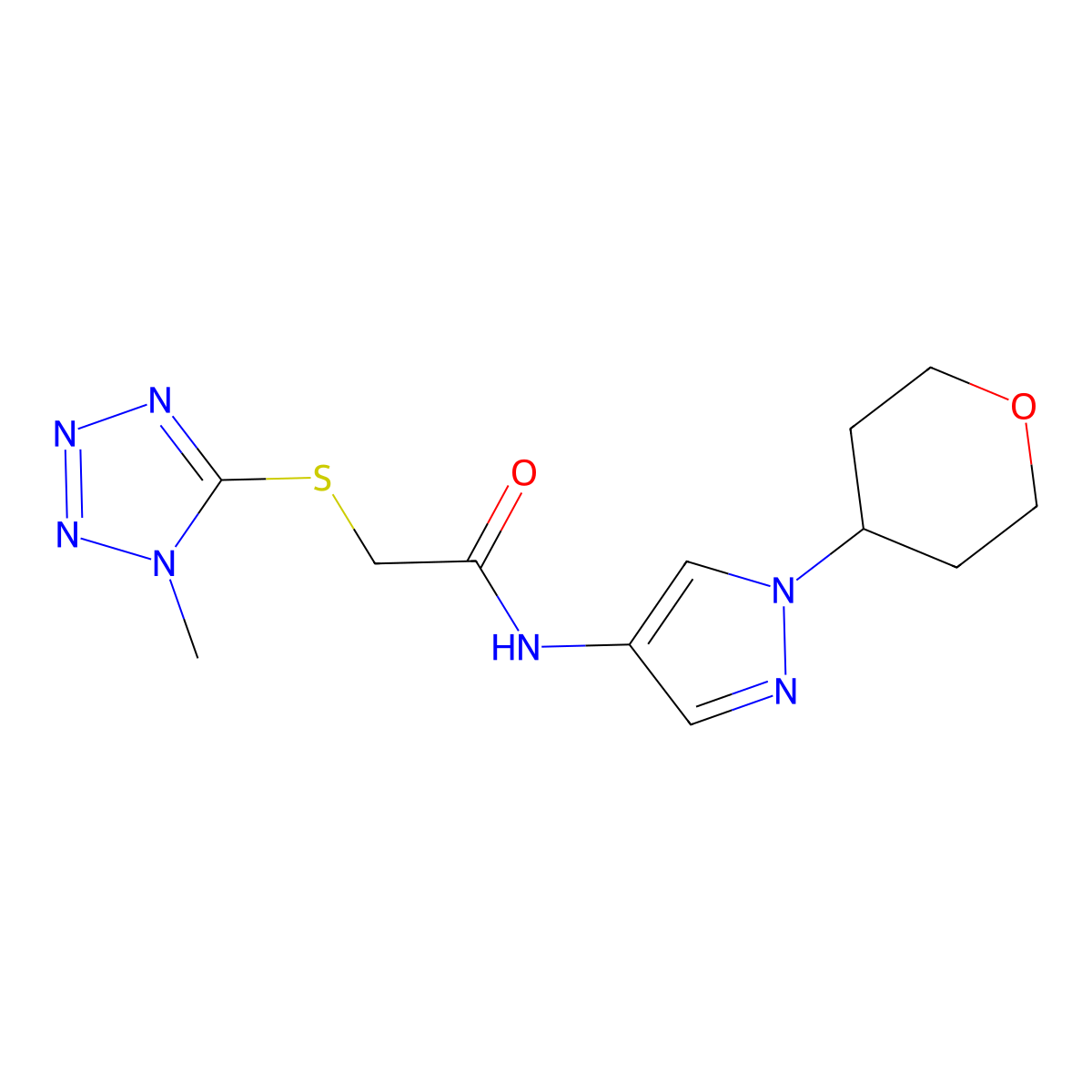 2-((1-methyl-1H-tetrazol-5-yl)thio)-N-(1-(tetrahydro-2H-pyran-4-yl)-1H-pyrazol-4-yl)acetamide molecular structure, CAS 1797866-09-1