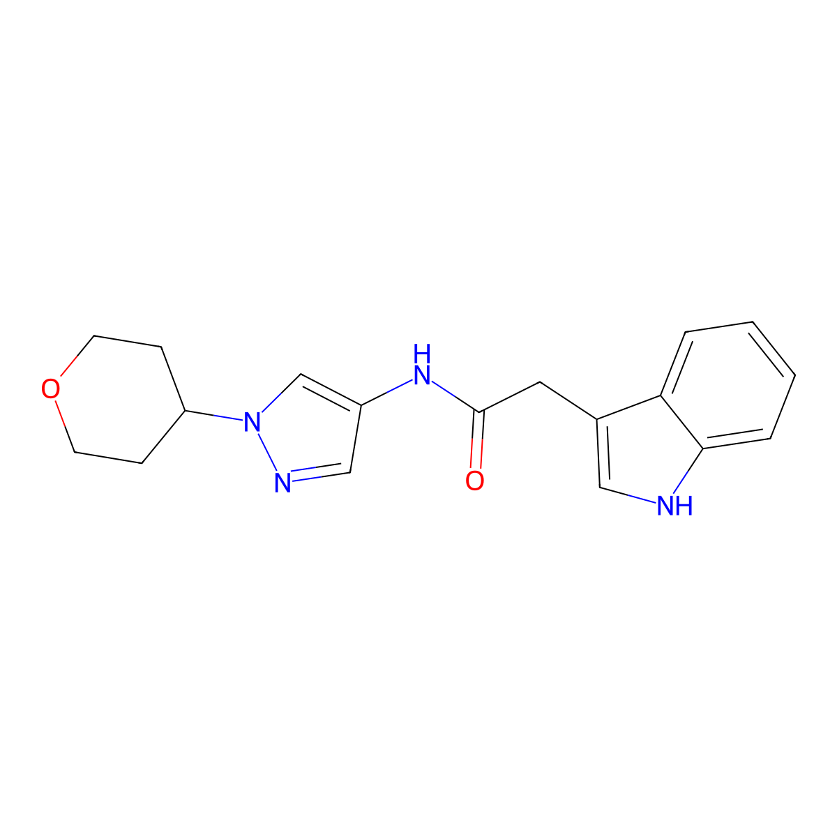 2-(1H-indol-3-yl)-N-(1-(tetrahydro-2H-pyran-4-yl)-1H-pyrazol-4-yl)acetamide molecular structure, CAS 1797866-18-2
