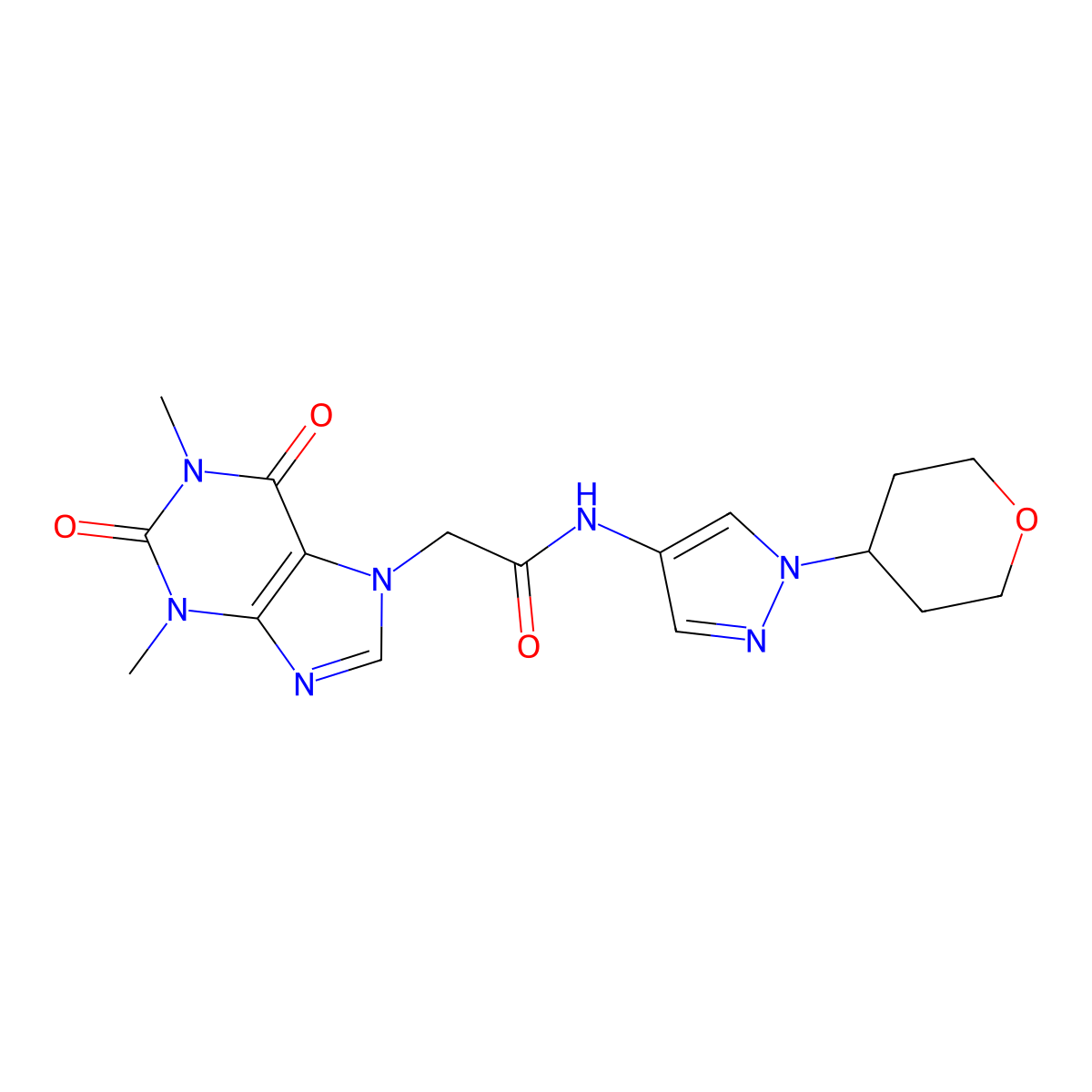 2-(1,3-dimethyl-2,6-dioxo-2,3-dihydro-1H-purin-7(6H)-yl)-N-(1-(tetrahydro-2H-pyran-4-yl)-1H-pyrazol-4-yl)acetamide molecular structure, CAS 1797866-38-6