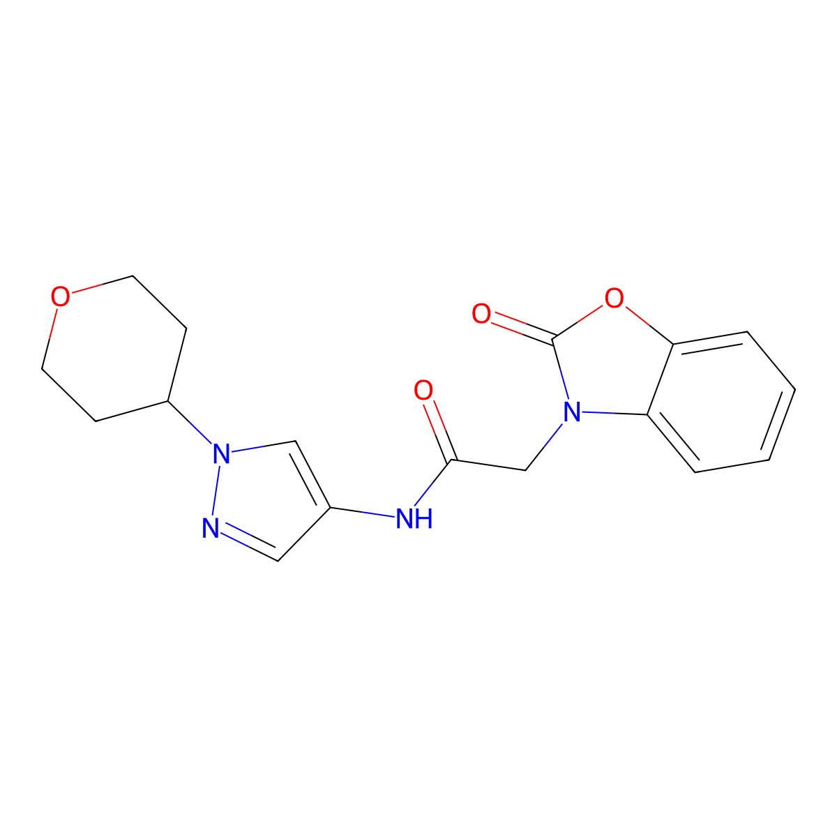 2-(2-oxobenzo[d]oxazol-3(2H)-yl)-N-(1-(tetrahydro-2H-pyran-4-yl)-1H-pyrazol-4-yl)acetamide molecular structure, CAS 1797866-44-4