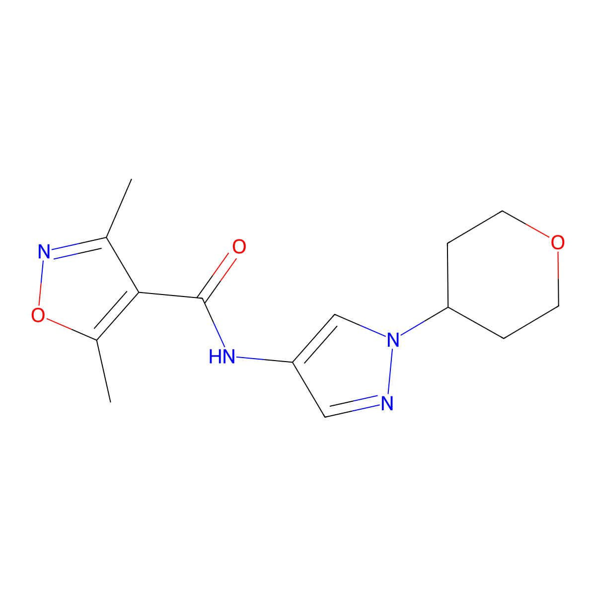 3,5-dimethyl-N-(1-(tetrahydro-2H-pyran-4-yl)-1H-pyrazol-4-yl)isoxazole-4-carboxamide molecular structure, CAS 1797866-66-0