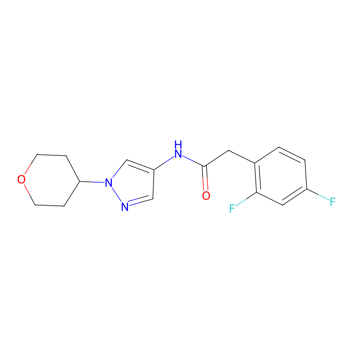 2-(2,4-difluorophenyl)-N-[1-(oxan-4-yl)-1H-pyrazol-4-yl]acetamide molecular structure, CAS 1797866-84-2