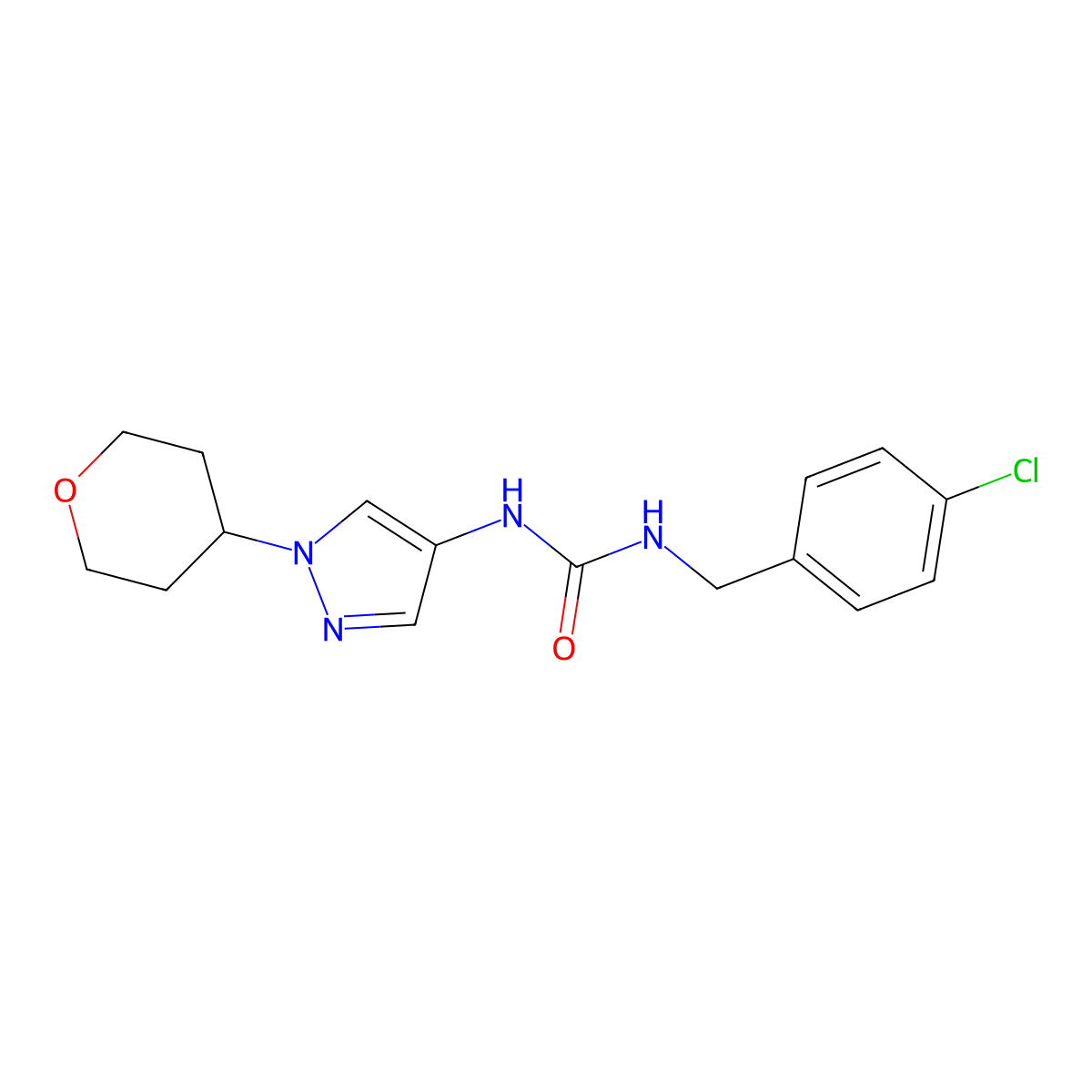 1-(4-chlorobenzyl)-3-(1-(tetrahydro-2H-pyran-4-yl)-1H-pyrazol-4-yl)urea molecular structure, CAS 1797867-03-8