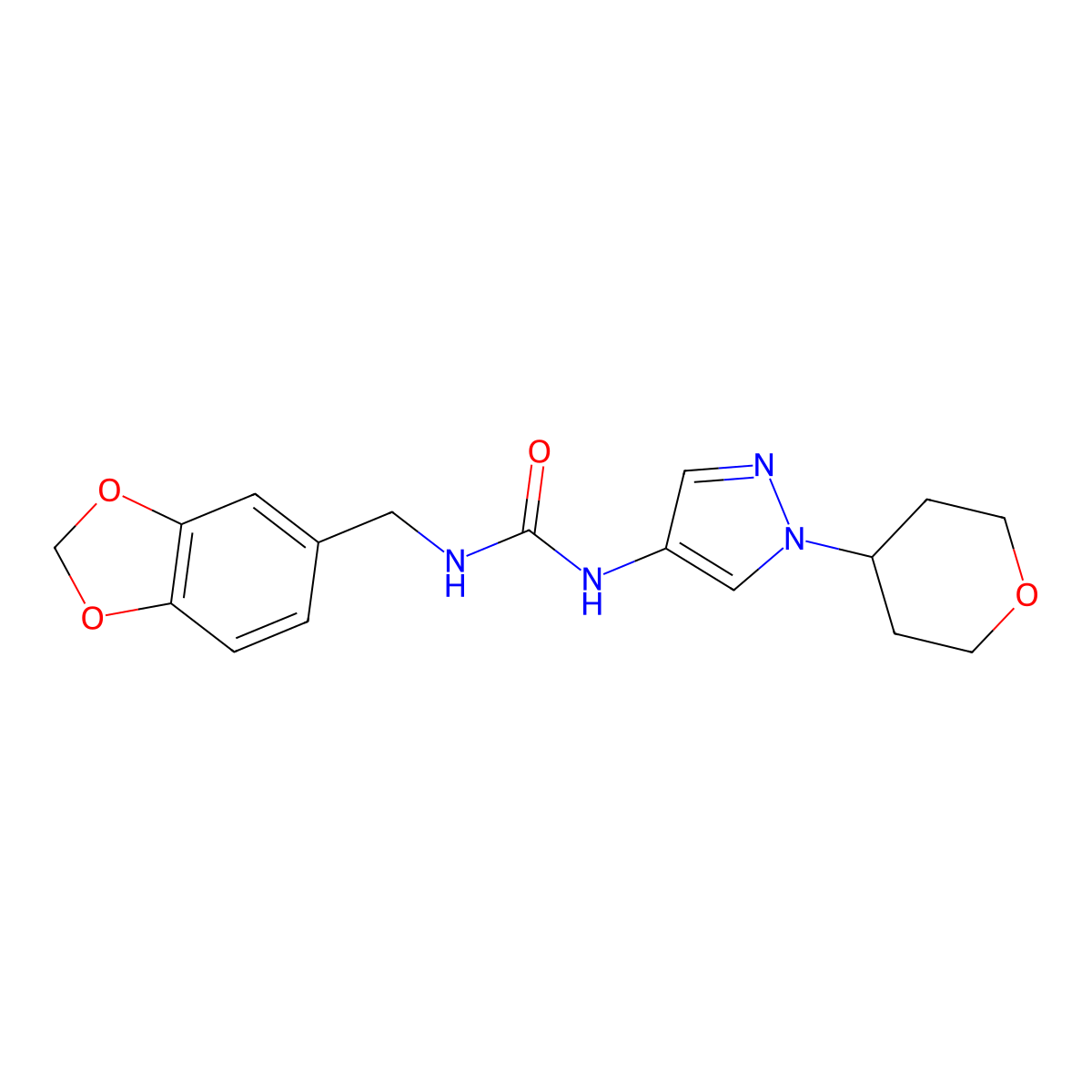1-(benzo[d][1,3]dioxol-5-ylmethyl)-3-(1-(tetrahydro-2H-pyran-4-yl)-1H-pyrazol-4-yl)urea molecular structure, CAS 1797867-29-8
