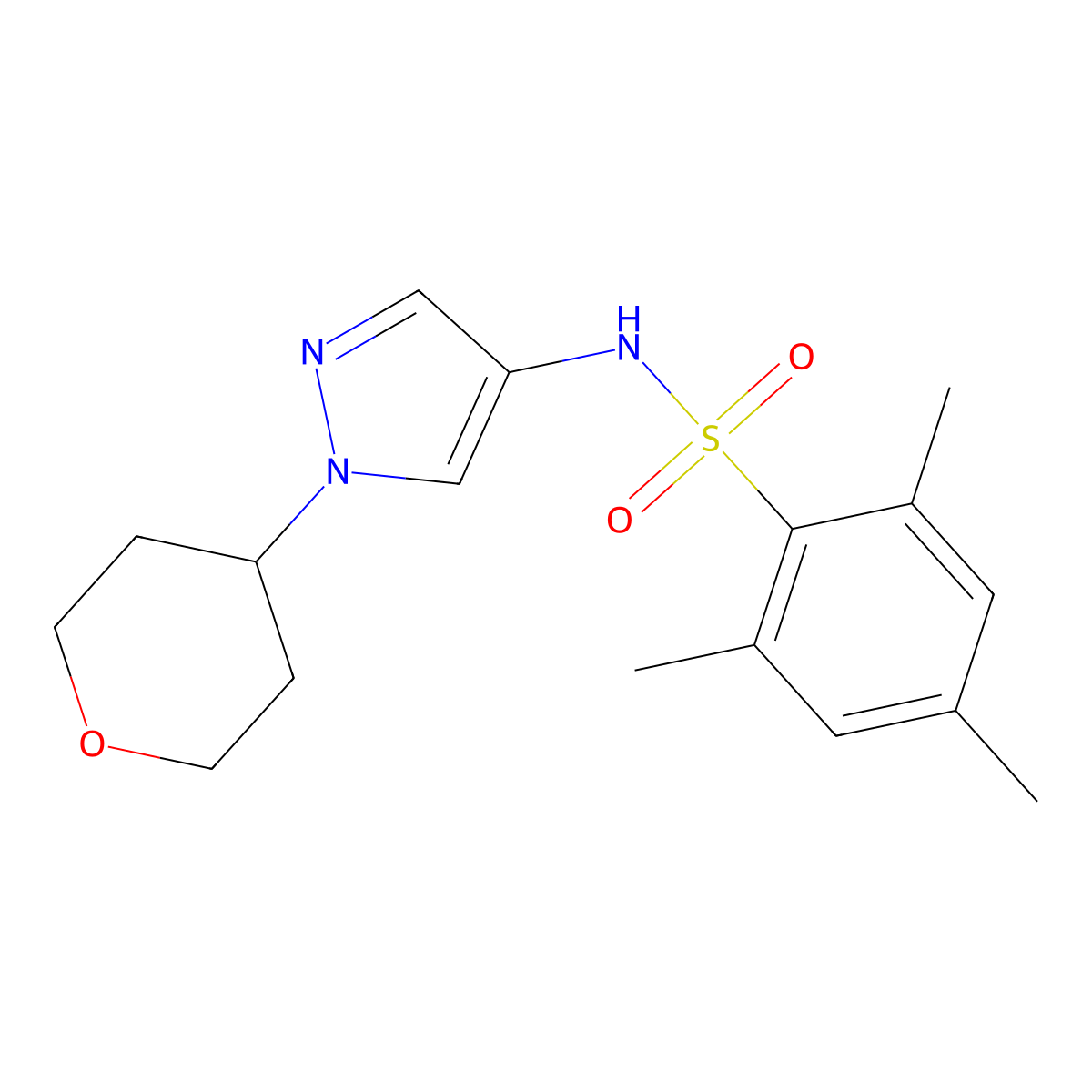 2,4,6-trimethyl-N-(1-(tetrahydro-2H-pyran-4-yl)-1H-pyrazol-4-yl)benzenesulfonamide molecular structure, CAS 1797867-41-4