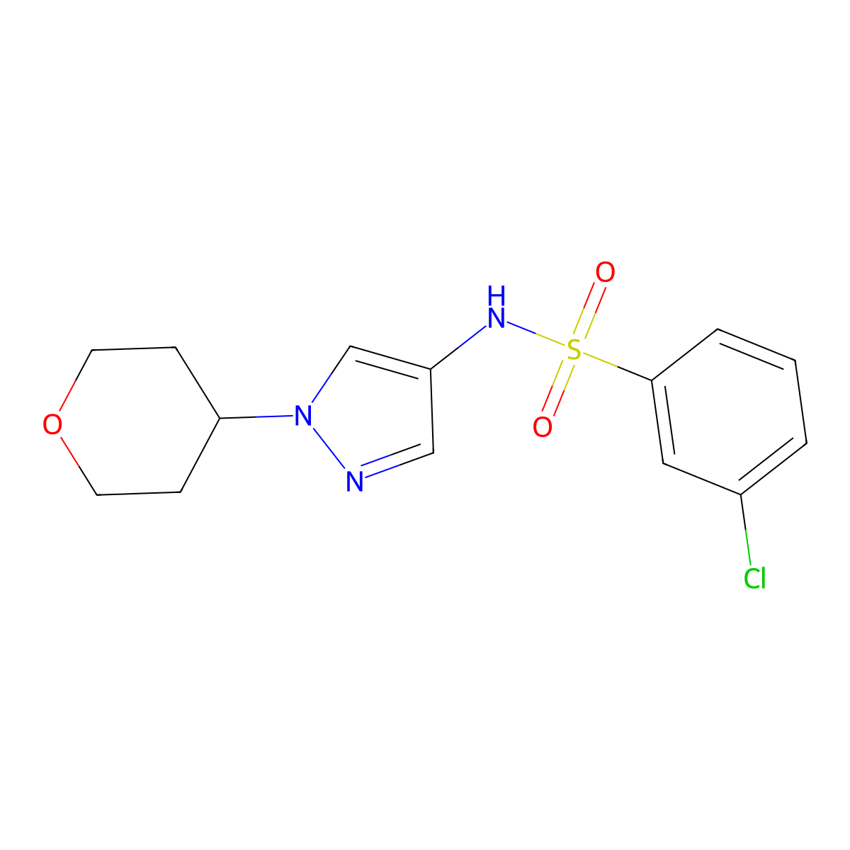 3-chloro-N-(1-(tetrahydro-2H-pyran-4-yl)-1H-pyrazol-4-yl)benzenesulfonamide molecular structure, CAS 1797867-56-1