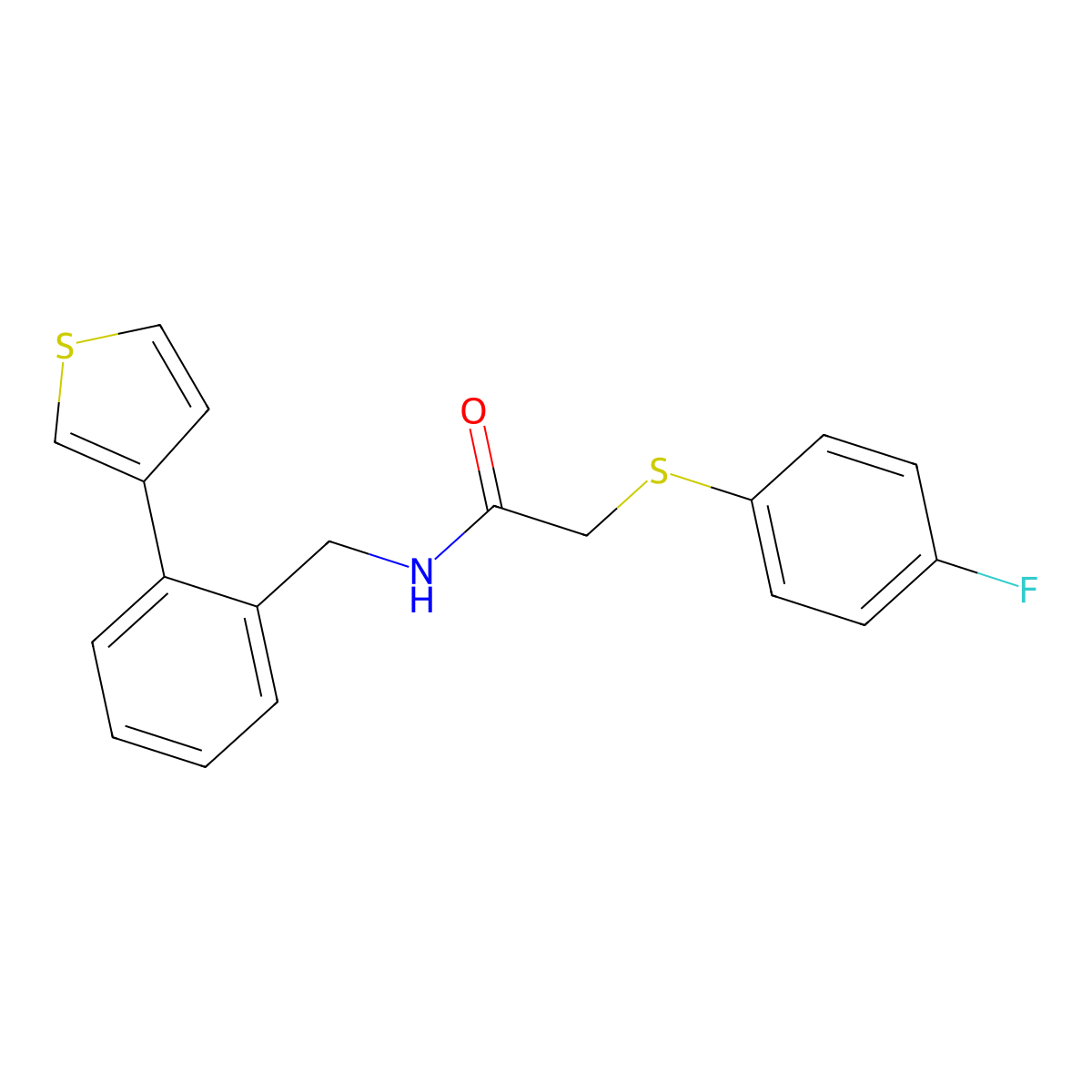 2-((4-fluorophenyl)thio)-N-(2-(thiophen-3-yl)benzyl)acetamide molecular structure, CAS 1797871-13-6