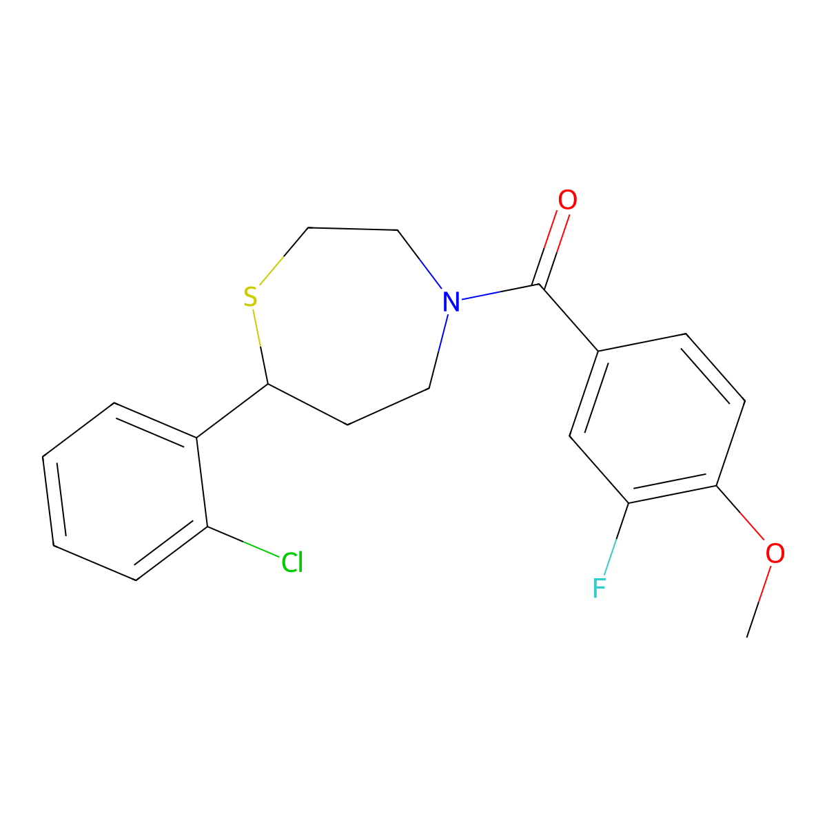 (7-(2-Chlorophenyl)-1,4-thiazepan-4-yl)(3-fluoro-4-methoxyphenyl)methanone molecular structure, CAS 1797871-28-3
