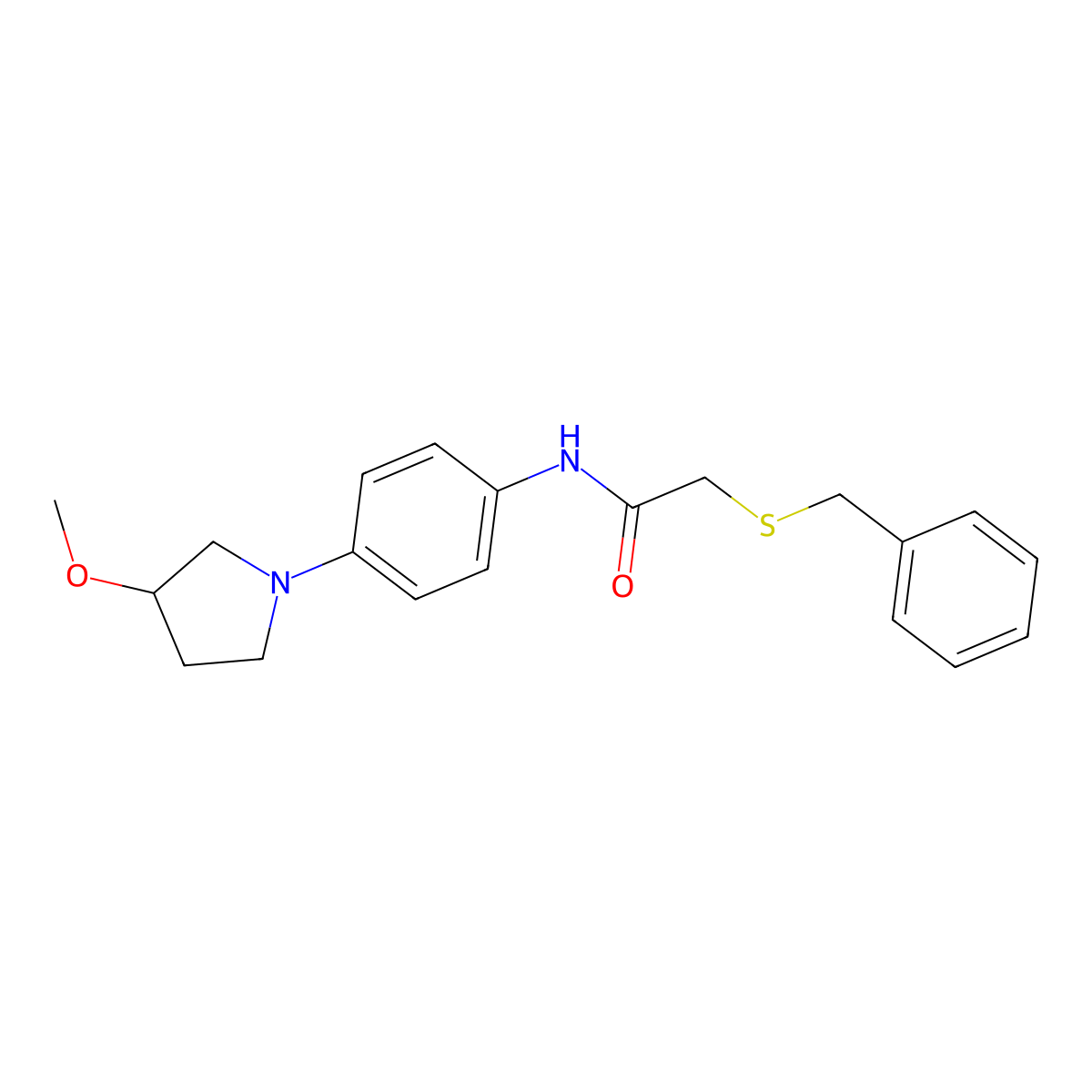 2-(benzylthio)-N-(4-(3-methoxypyrrolidin-1-yl)phenyl)acetamide molecular structure, CAS 1797871-75-0