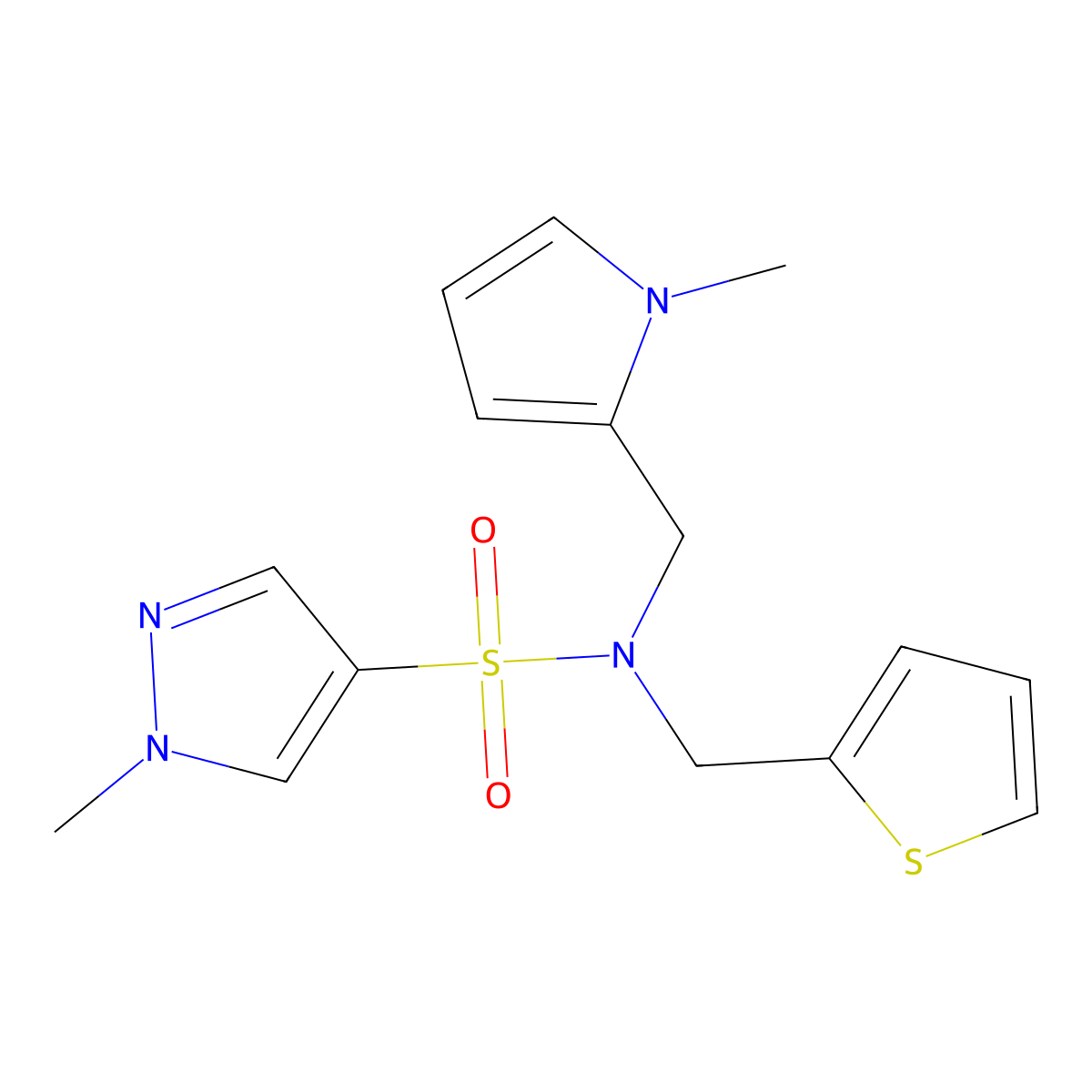 1-methyl-N-((1-methyl-1H-pyrrol-2-yl)methyl)-N-(thiophen-2-ylmethyl)-1H-pyrazole-4-sulfonamide molecular structure, CAS 1797871-79-4