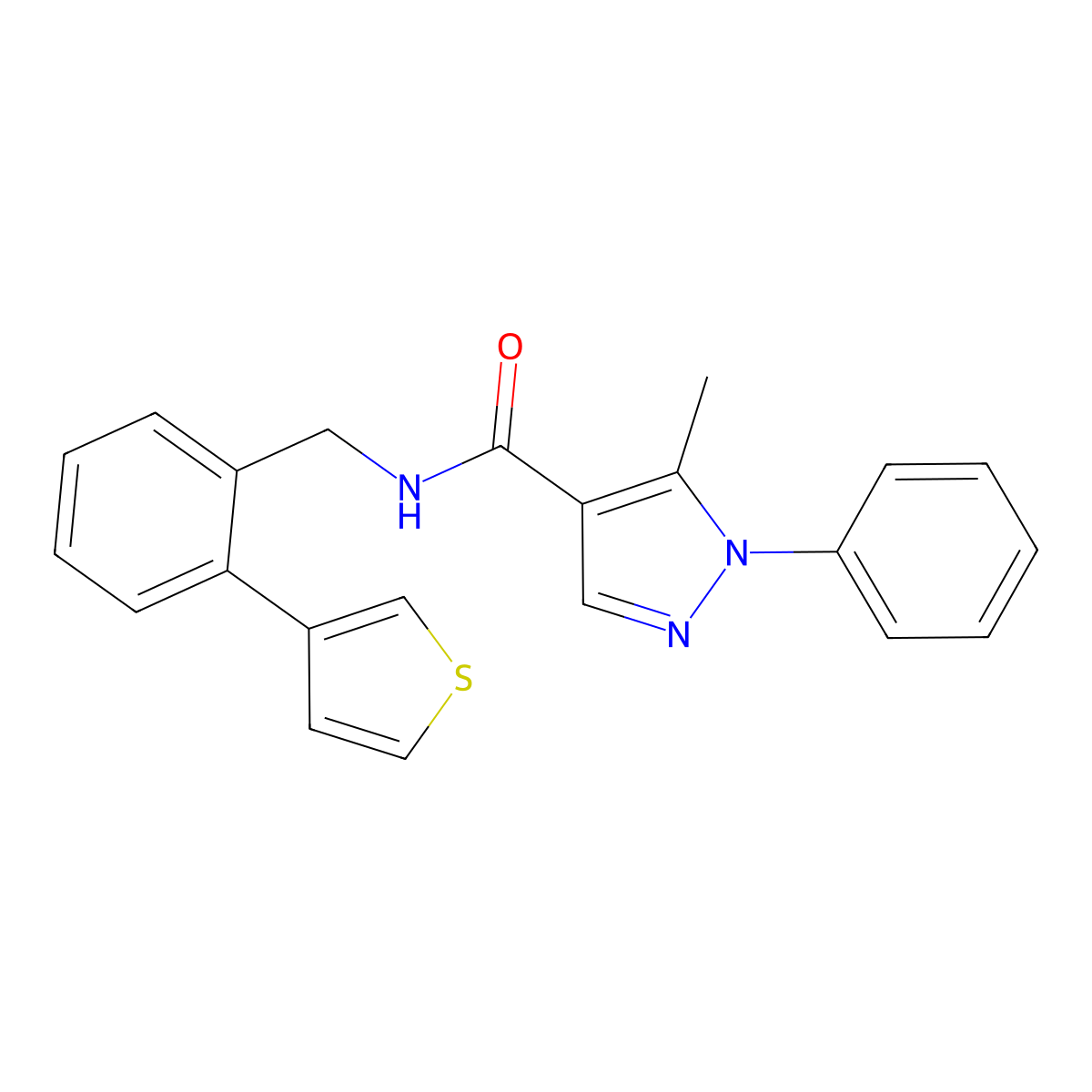 5-methyl-1-phenyl-N-(2-(thiophen-3-yl)benzyl)-1H-pyrazole-4-carboxamide molecular structure, CAS 1797871-88-5