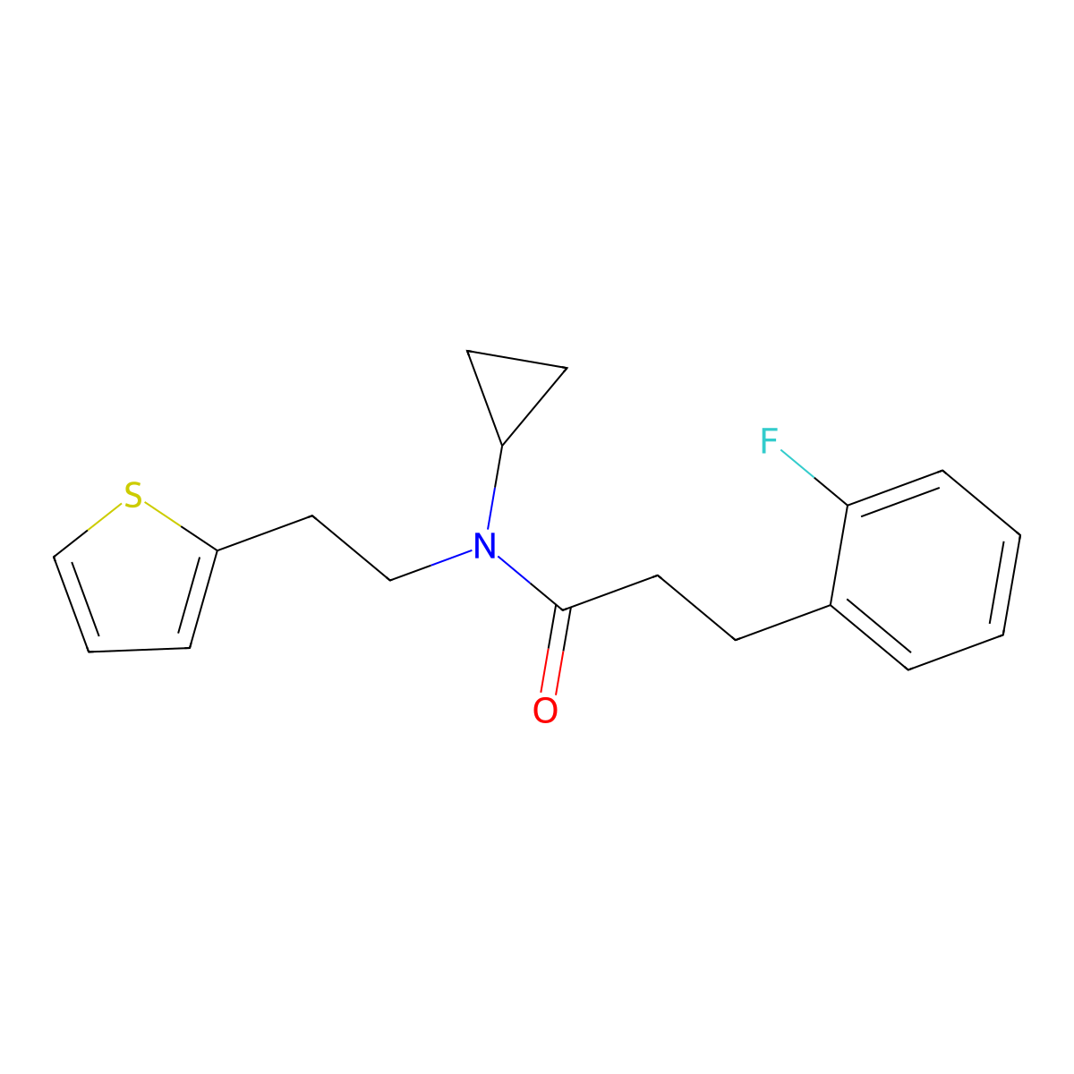 N-cyclopropyl-3-(2-fluorophenyl)-N-(2-(thiophen-2-yl)ethyl)propanamide molecular structure, CAS 1797872-03-7