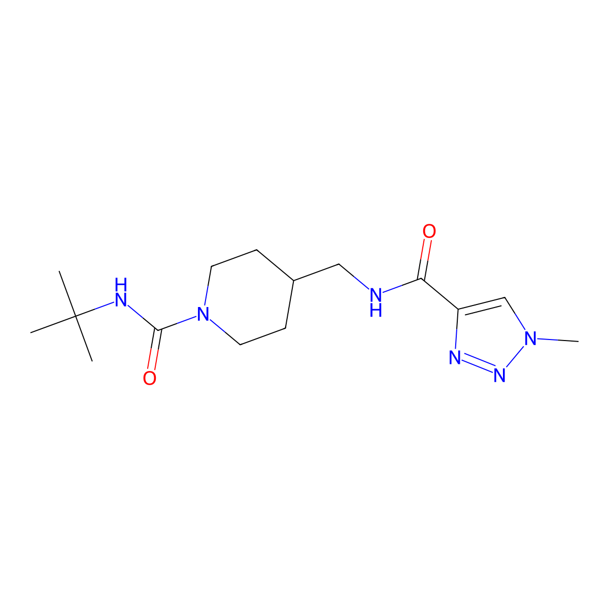 N-(tert-butyl)-4-((1-methyl-1H-1,2,3-triazole-4-carboxamido)methyl)piperidine-1-carboxamide molecular structure, CAS 1797872-23-1
