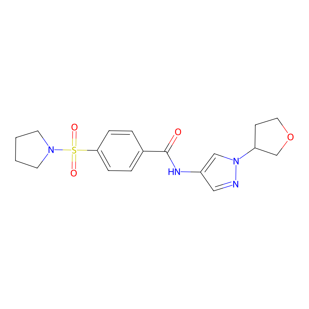 4-(pyrrolidin-1-ylsulfonyl)-N-(1-(tetrahydrofuran-3-yl)-1H-pyrazol-4-yl)benzamide molecular structure, CAS 1797872-86-6