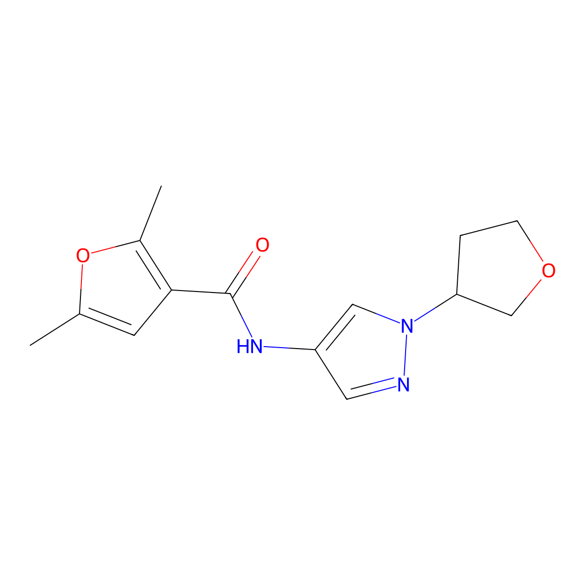 2,5-dimethyl-N-(1-(tetrahydrofuran-3-yl)-1H-pyrazol-4-yl)furan-3-carboxamide molecular structure, CAS 1797872-96-8