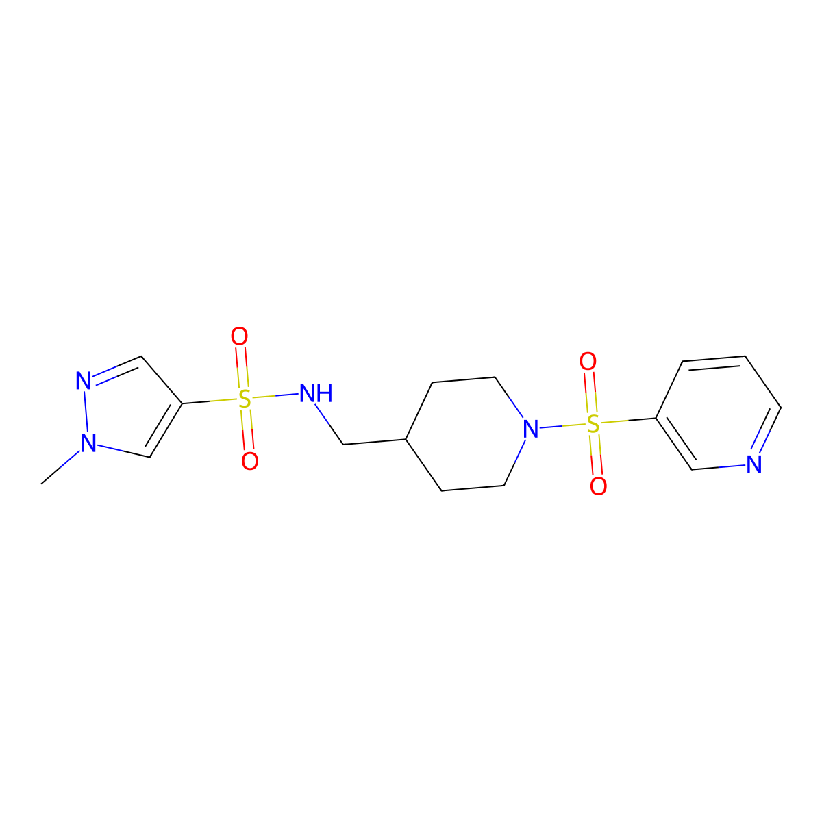 1-methyl-N-((1-(pyridin-3-ylsulfonyl)piperidin-4-yl)methyl)-1H-pyrazole-4-sulfonamide molecular structure, CAS 1797873-03-0
