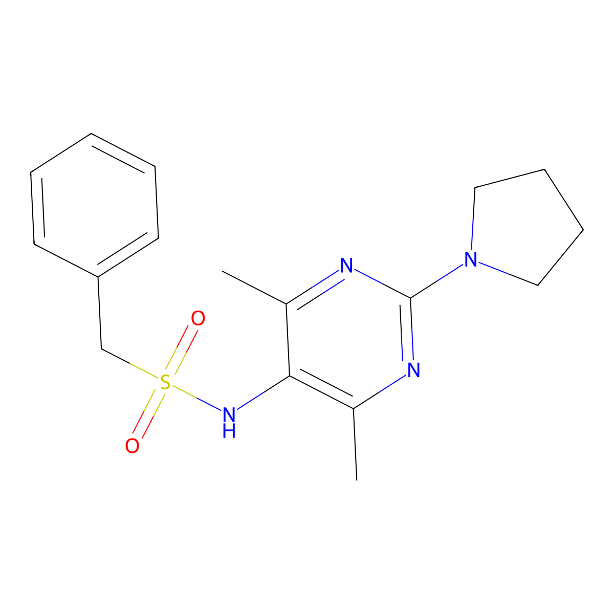 N-(4,6-dimethyl-2-(pyrrolidin-1-yl)pyrimidin-5-yl)-1-phenylmethanesulfonamide molecular structure, CAS 1797873-75-6