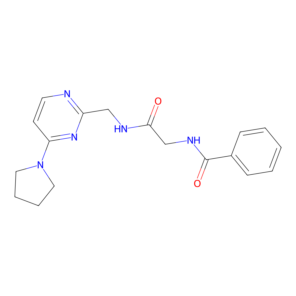 N-(2-oxo-2-(((4-(pyrrolidin-1-yl)pyrimidin-2-yl)methyl)amino)ethyl)benzamide molecular structure, CAS 1797873-80-3