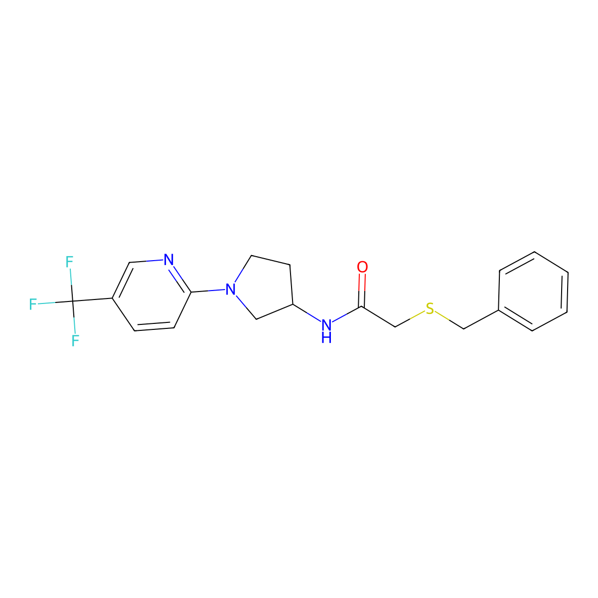 2-(benzylthio)-N-(1-(5-(trifluoromethyl)pyridin-2-yl)pyrrolidin-3-yl)acetamide molecular structure, CAS 1797874-09-9
