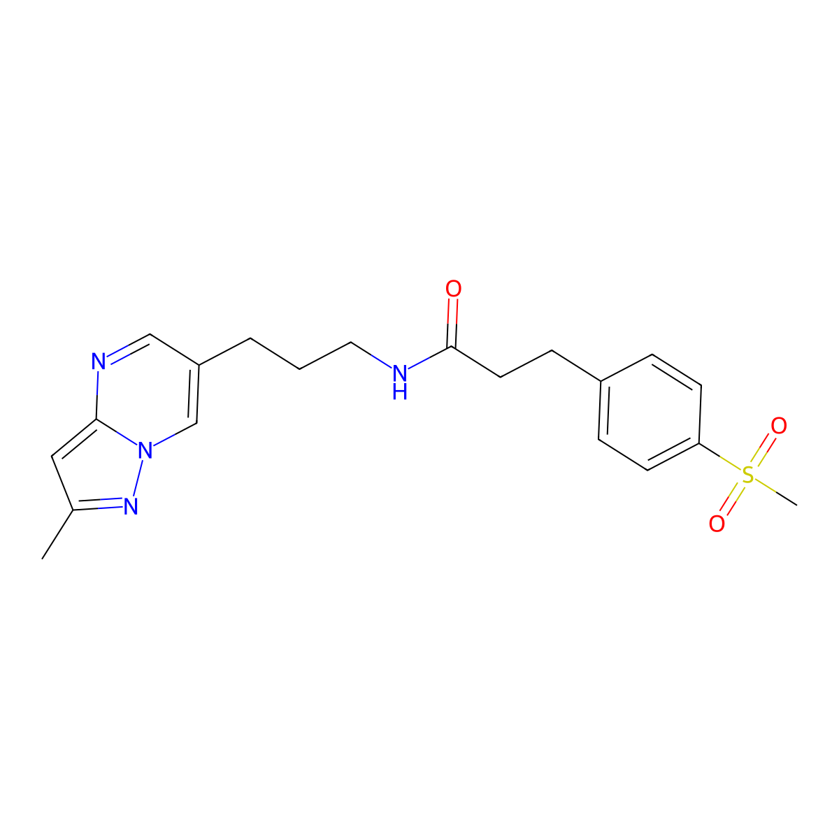 N-(3-(2-methylpyrazolo[1,5-a]pyrimidin-6-yl)propyl)-3-(4-(methylsulfonyl)phenyl)propanamide molecular structure, CAS 1797874-50-0