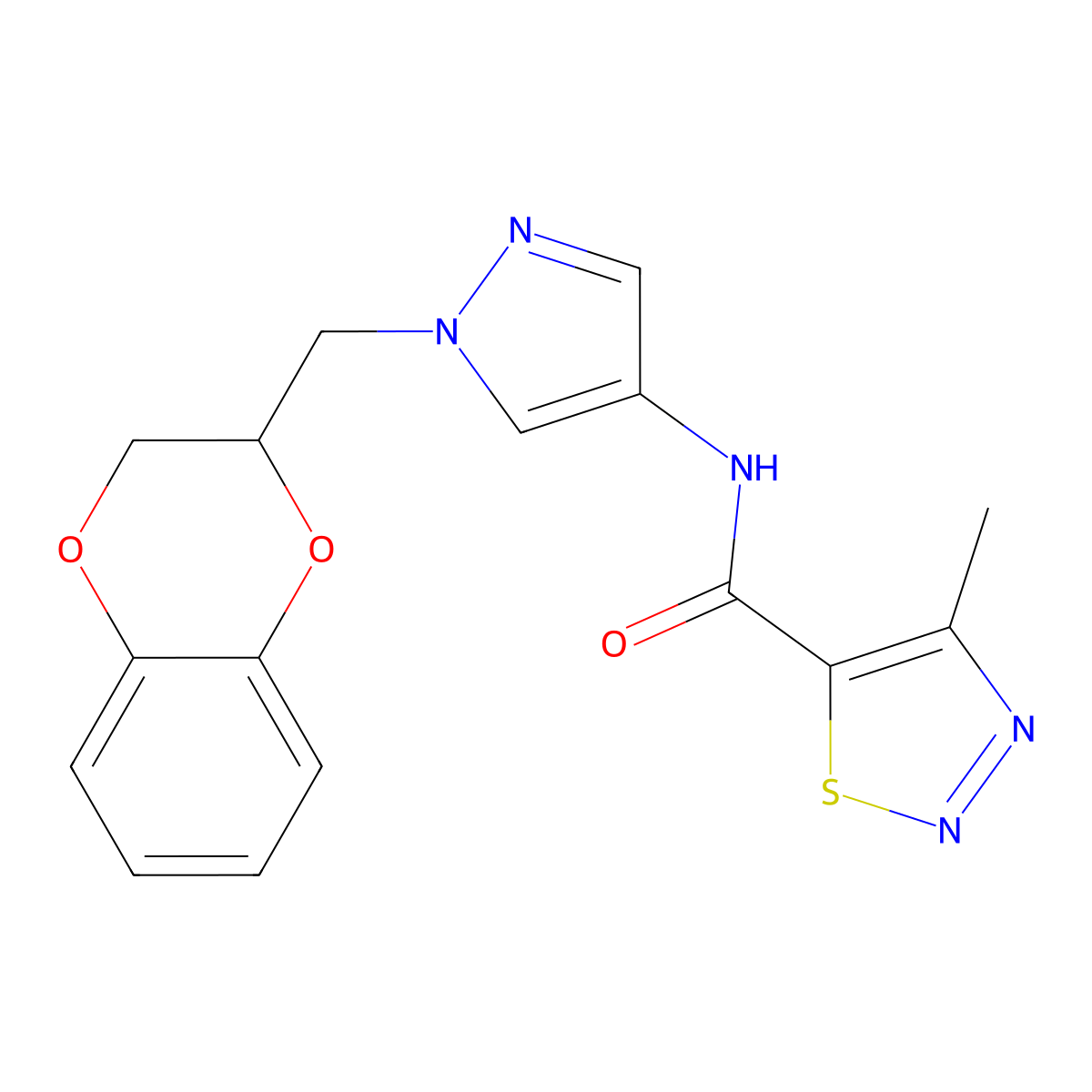 N-(1-((2,3-dihydrobenzo[b][1,4]dioxin-2-yl)methyl)-1H-pyrazol-4-yl)-4-methyl-1,2,3-thiadiazole-5-carboxamide molecular structure, CAS 1797875-53-6