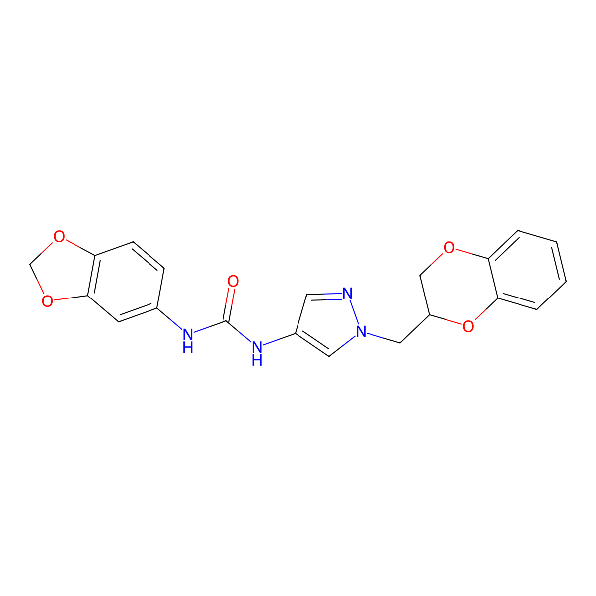 1-(benzo[d][1,3]dioxol-5-yl)-3-(1-((2,3-dihydrobenzo[b][1,4]dioxin-2-yl)methyl)-1H-pyrazol-4-yl)urea molecular structure, CAS 1797875-55-8