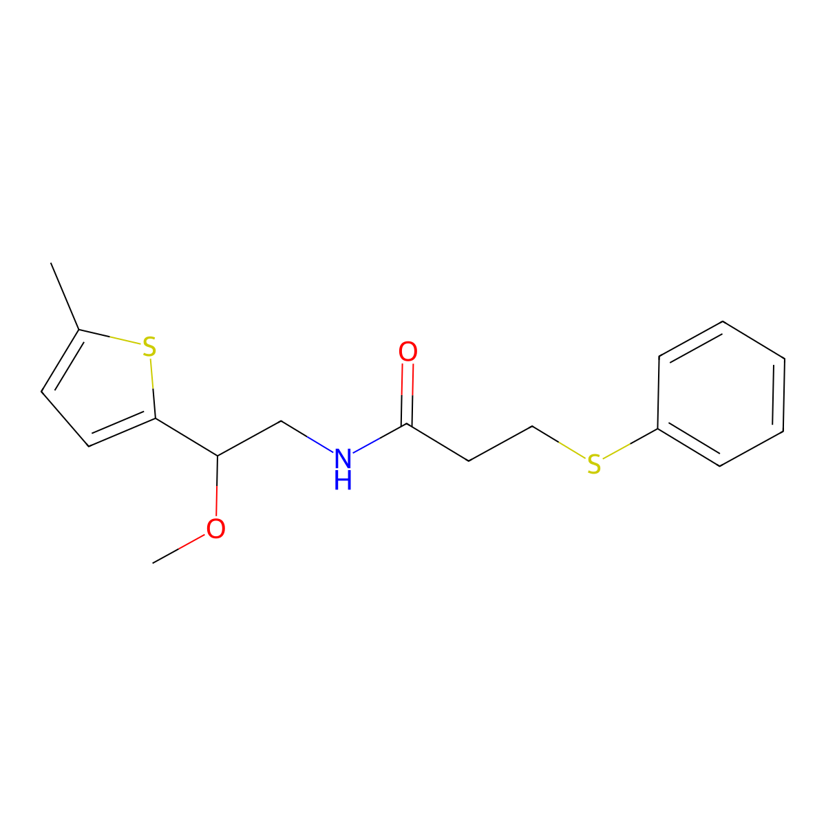N-(2-methoxy-2-(5-methylthiophen-2-yl)ethyl)-3-(phenylthio)propanamide molecular structure, CAS 1797875-87-6