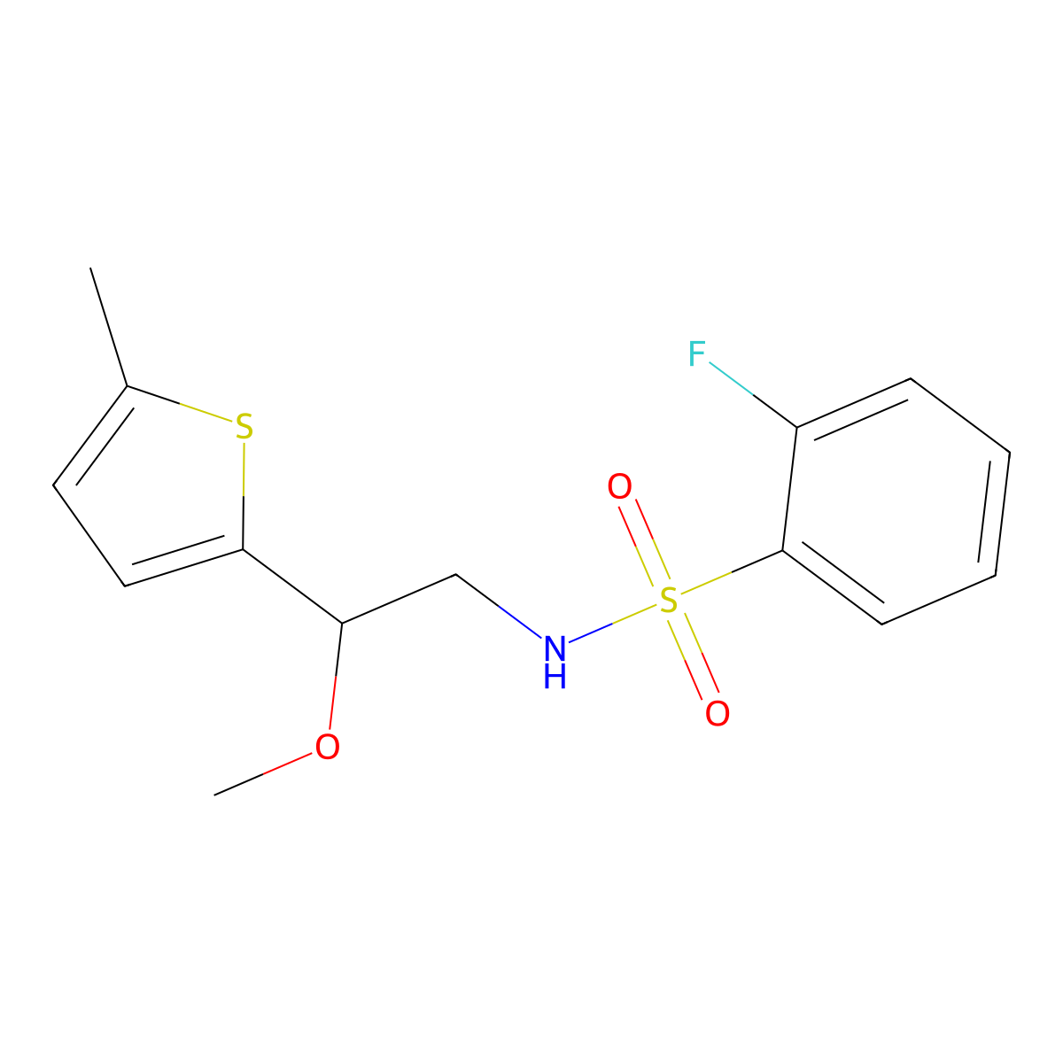 2-fluoro-N-(2-methoxy-2-(5-methylthiophen-2-yl)ethyl)benzenesulfonamide molecular structure, CAS 1797876-09-5