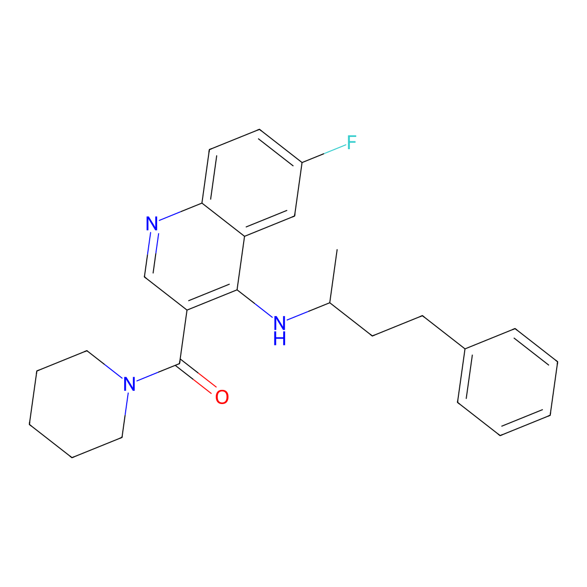 (6-Fluoro-4-((4-phenylbutan-2-yl)amino)quinolin-3-yl)(piperidin-1-yl)methanone molecular structure, CAS 1797878-66-0